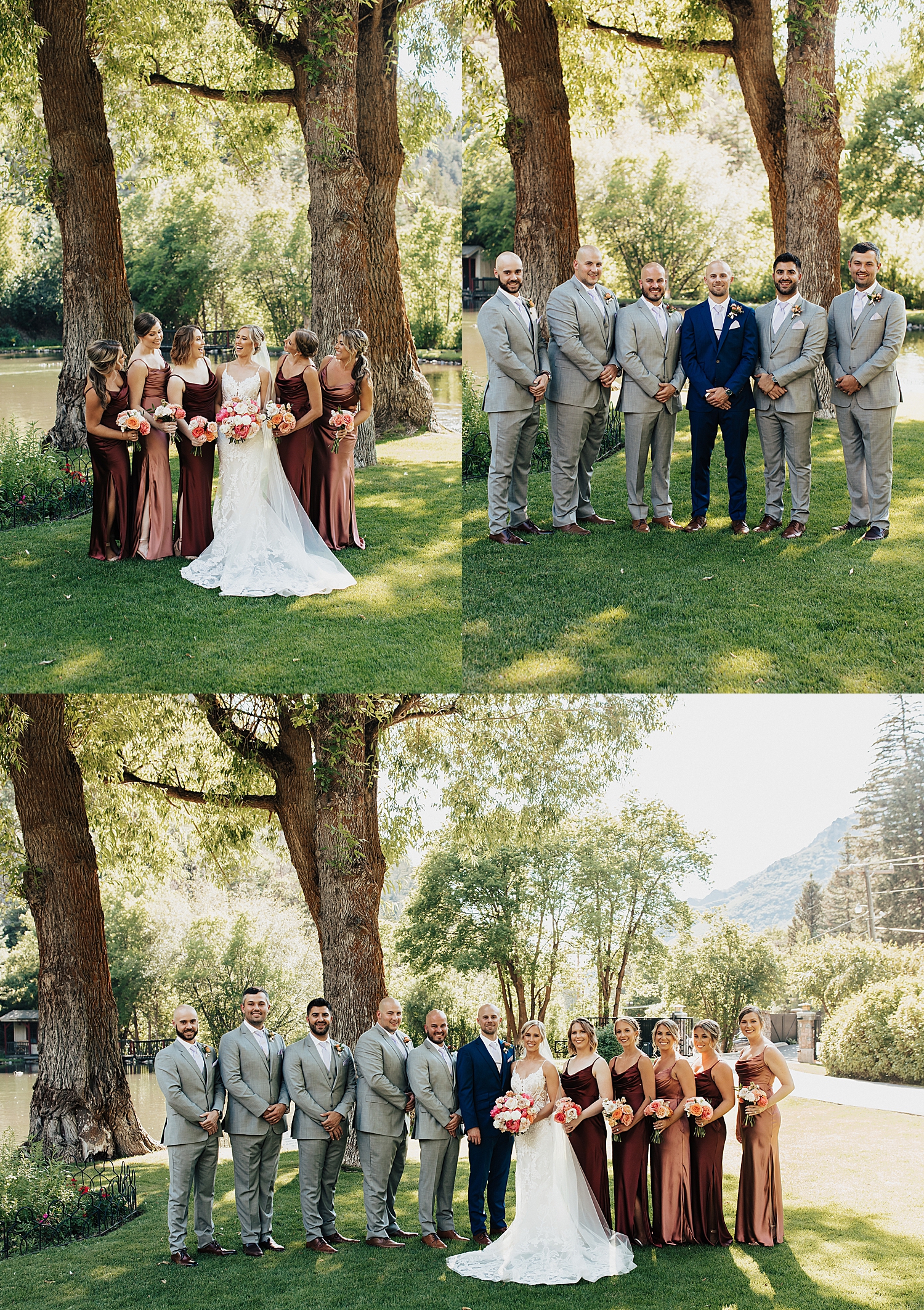 wedding party in gray and pink surround couple on lawn by Nicole Aston Photography