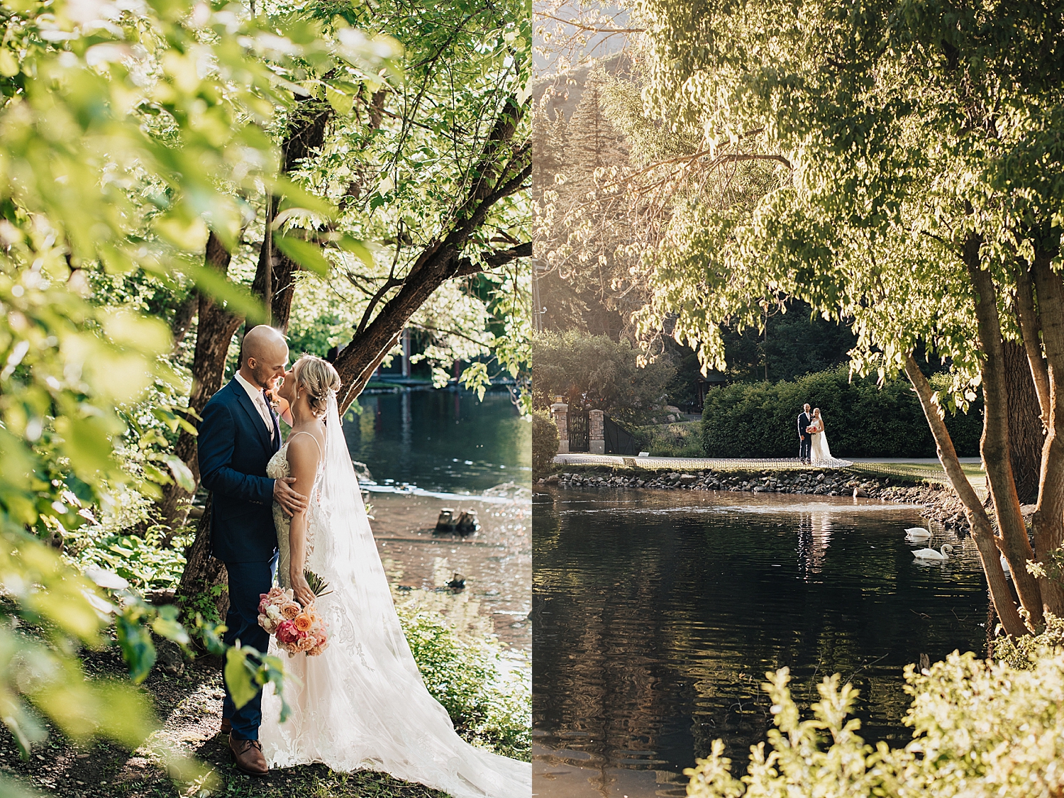 newlyweds share a kiss by a pond at golden hour by Destination wedding photographer