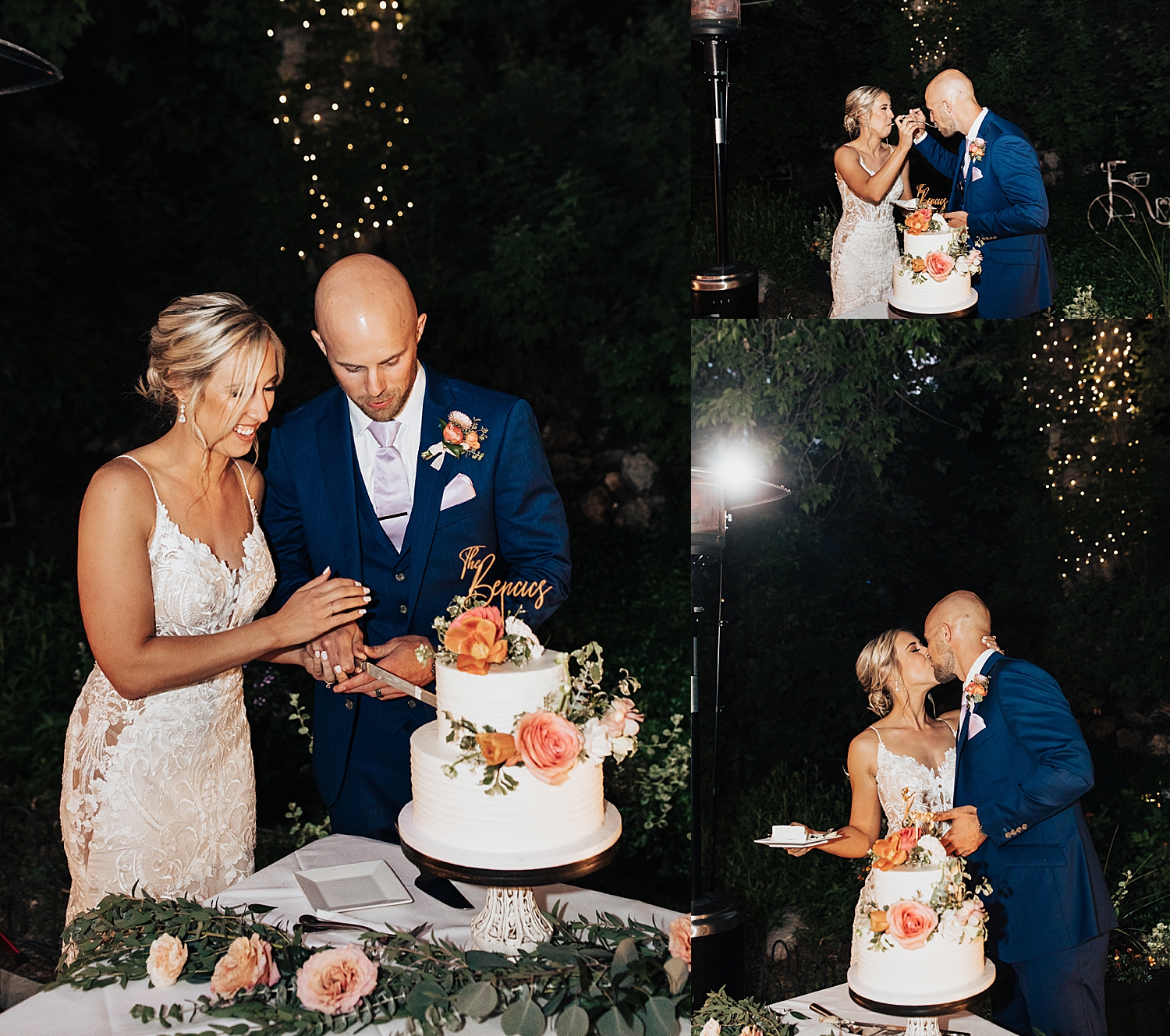 newlyweds cut their two tier white wedding cake at at Log Haven Venue in Utah
