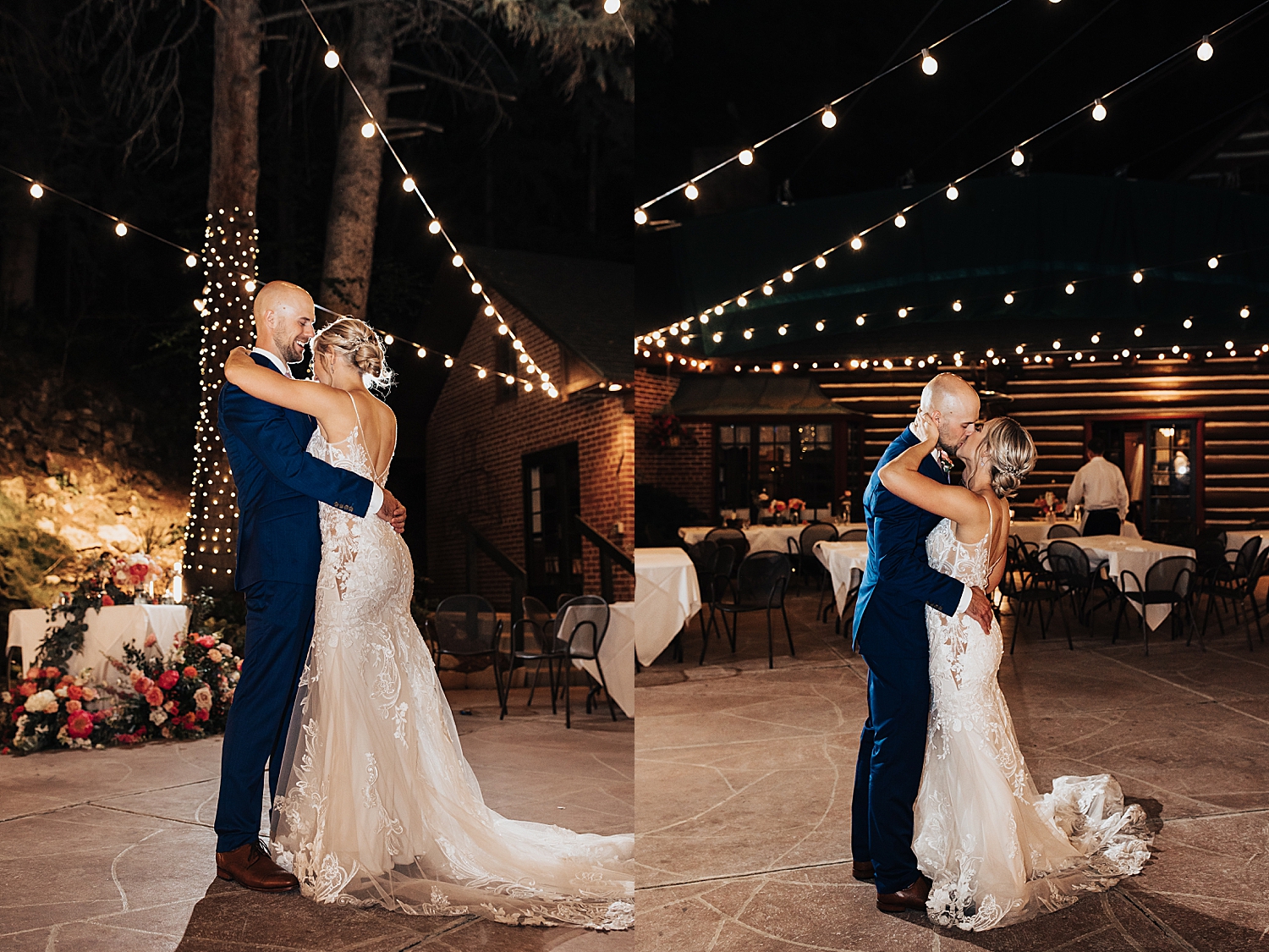 newlyweds share a kiss on outdoor dance floor by Destination wedding photographer