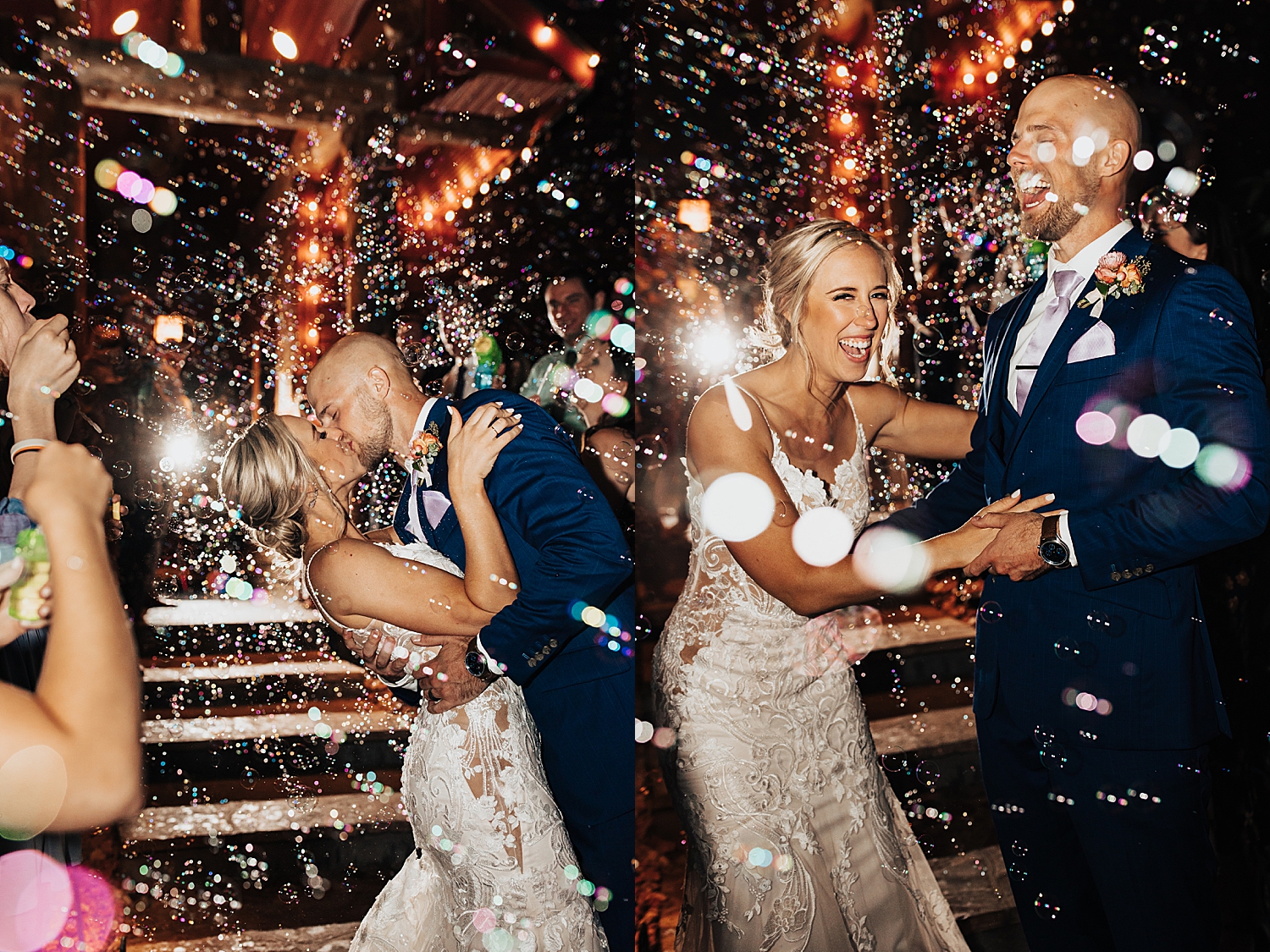bride and groom laugh as they walk through bubble exit at Log Haven Venue in Utah