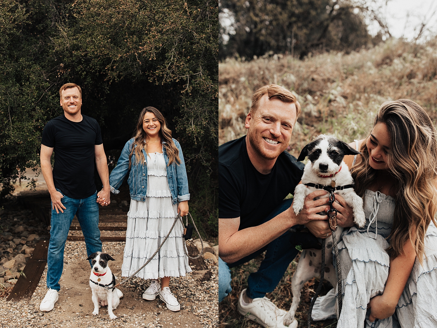 couple with a dog stand under trees at Malibu Creek State Park