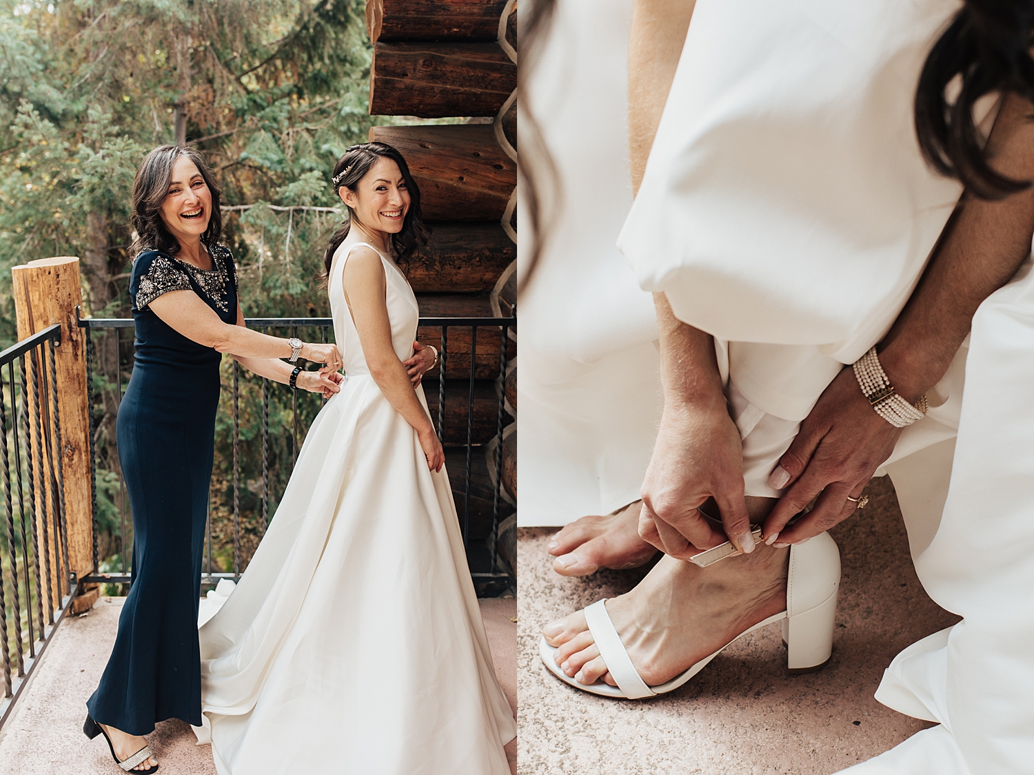 brunette gets zipped up in her bridal gown by Destination elopement photographer