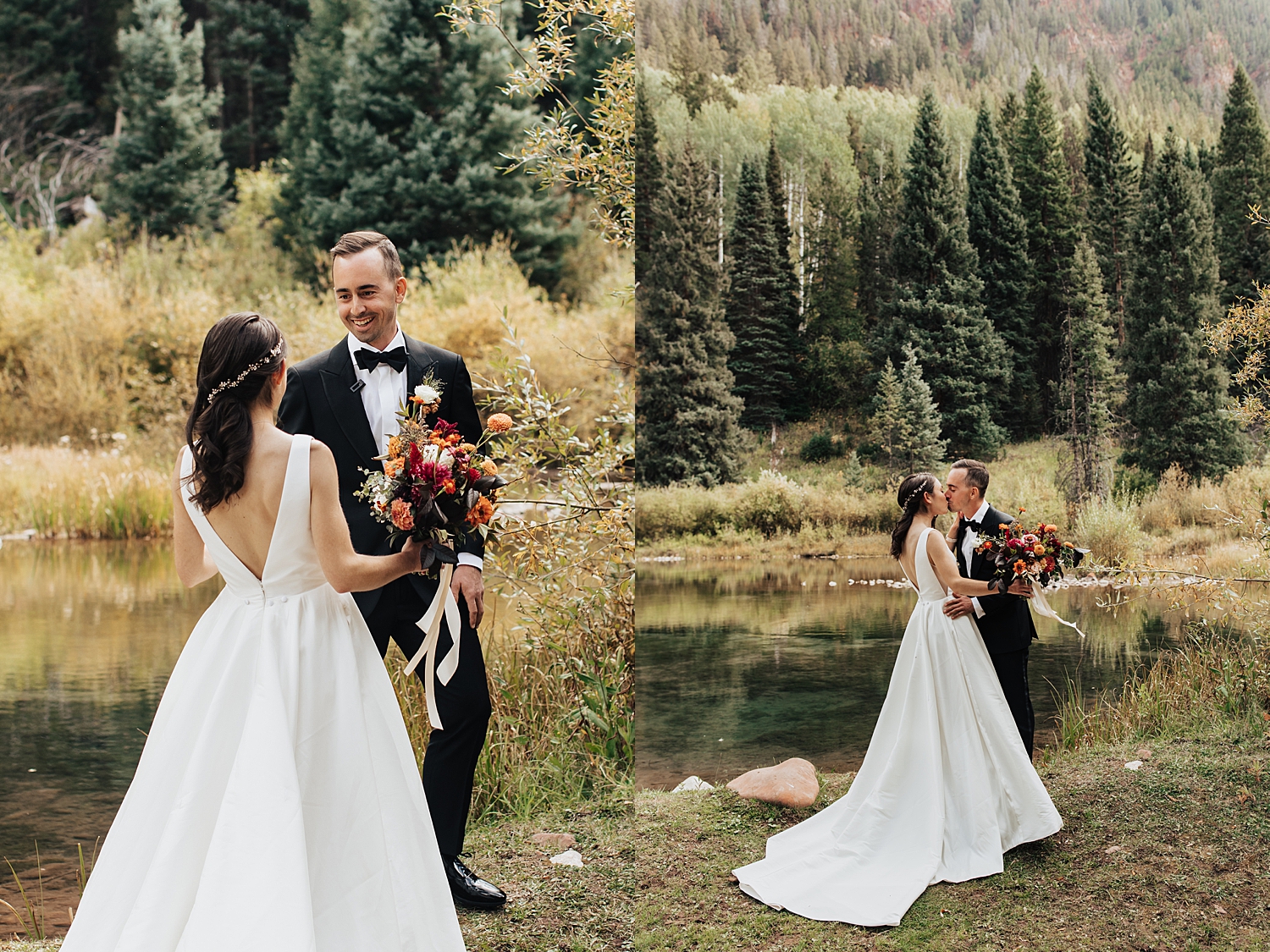 bride and groom stand by mountain lake by Destination elopement photographer