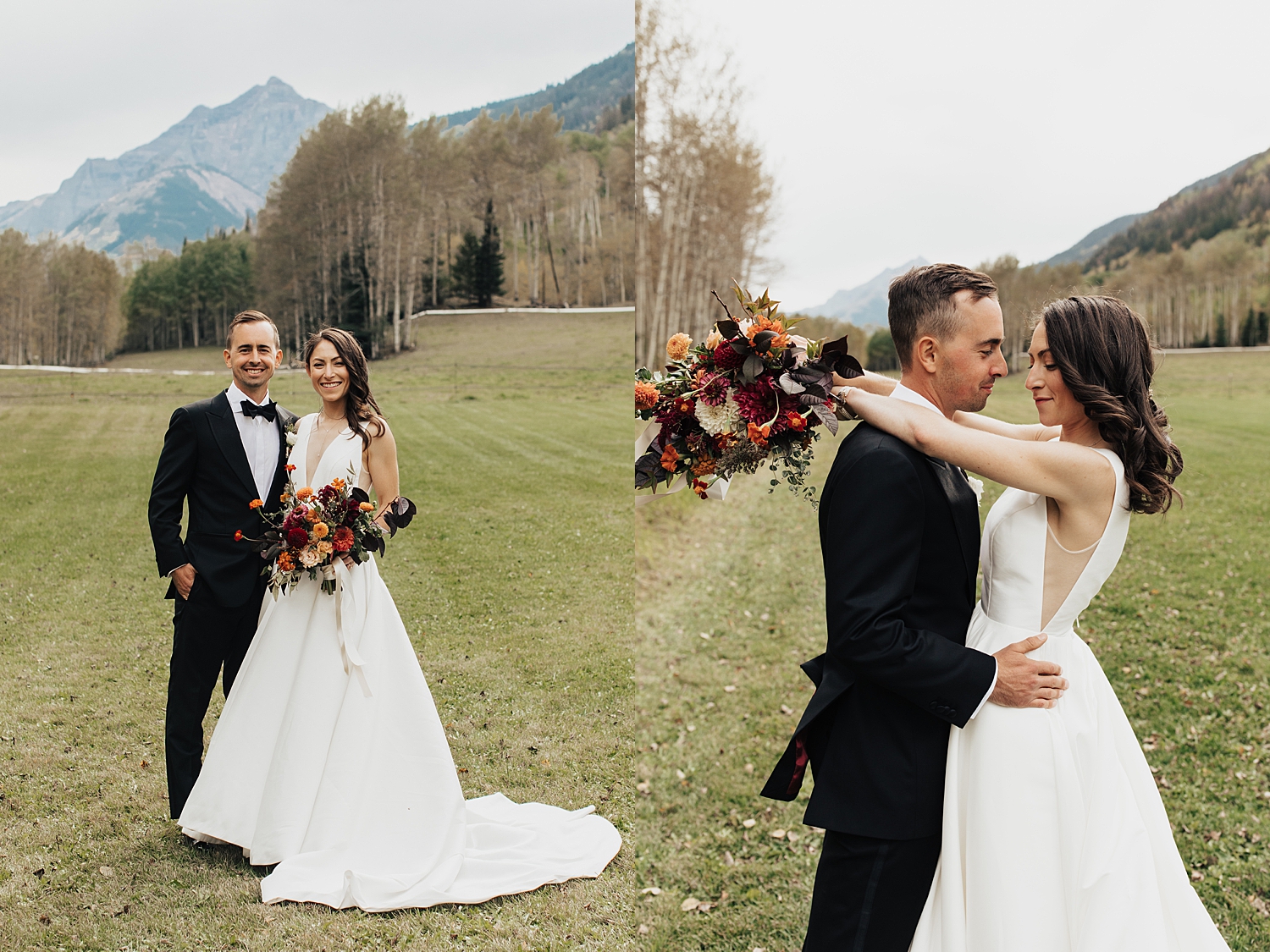 bride and groom stand on lawn in front of mountains by Nicole Aston photography