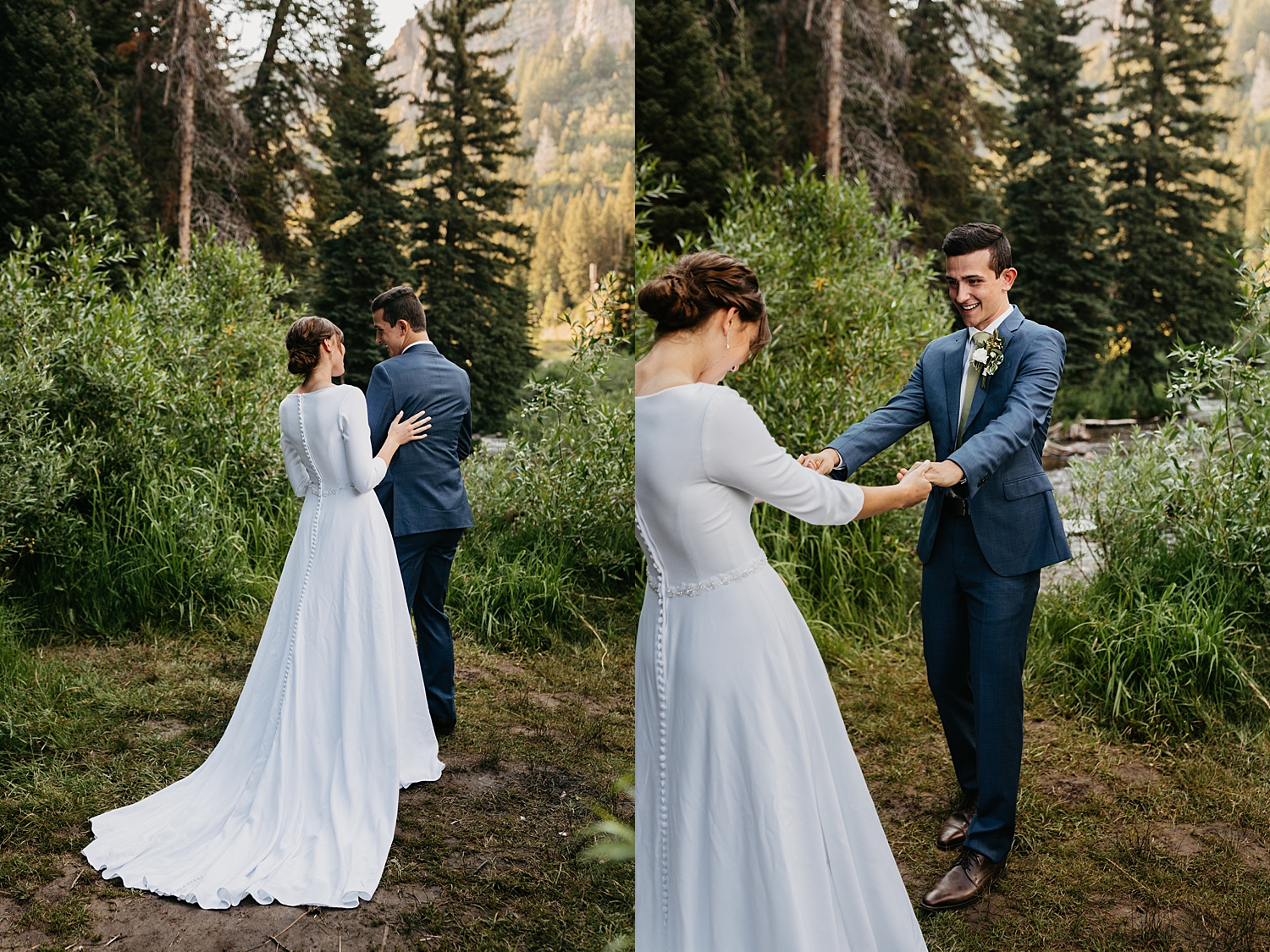 brunette woman in white dress approaches man for first look by Destination wedding photographer