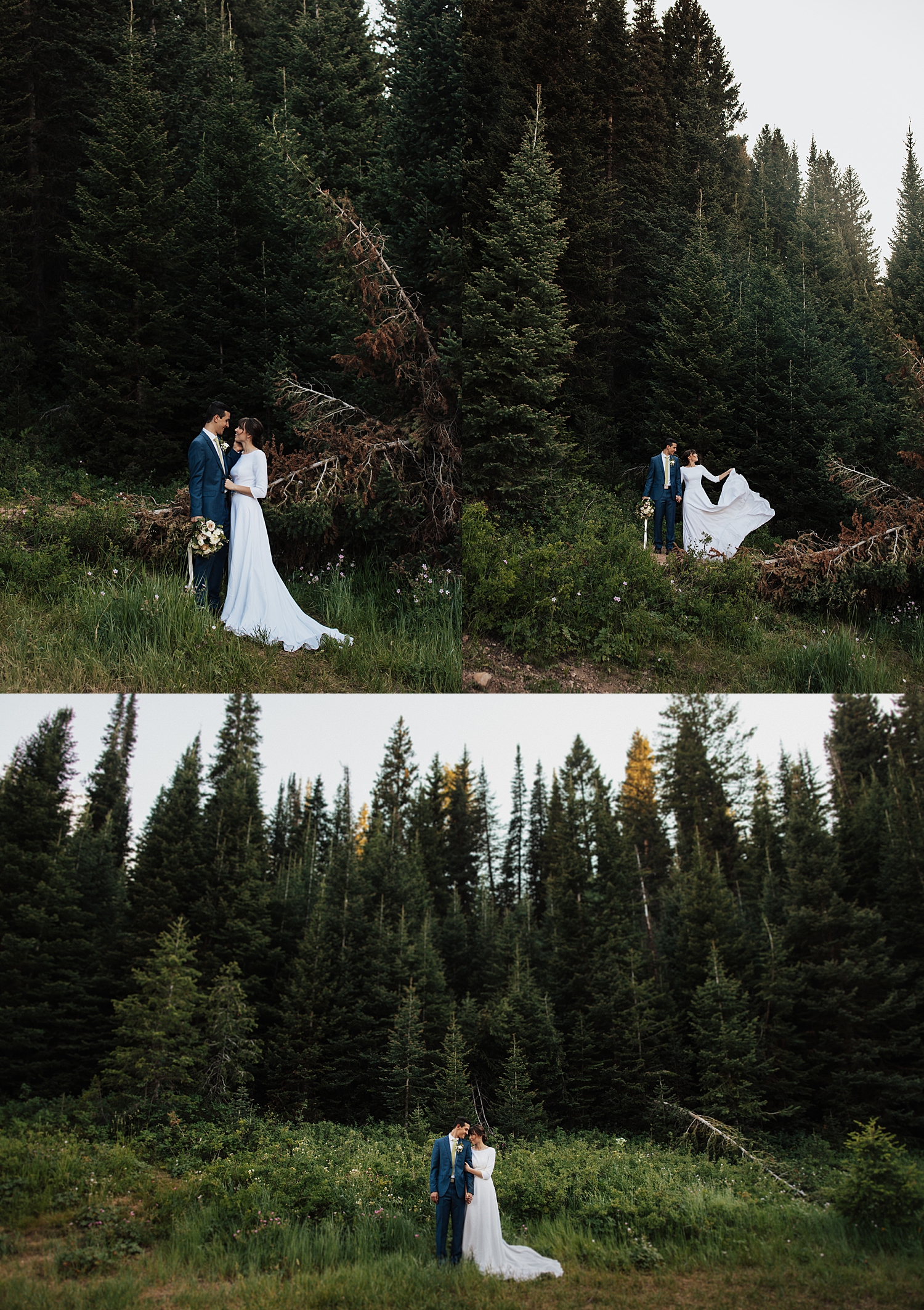 bride and groom stand in front of tall pine trees by Destination wedding photographer