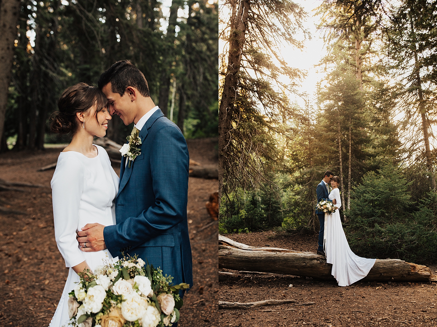 couple embrace while standing on log during golden hour at Jordan Pines