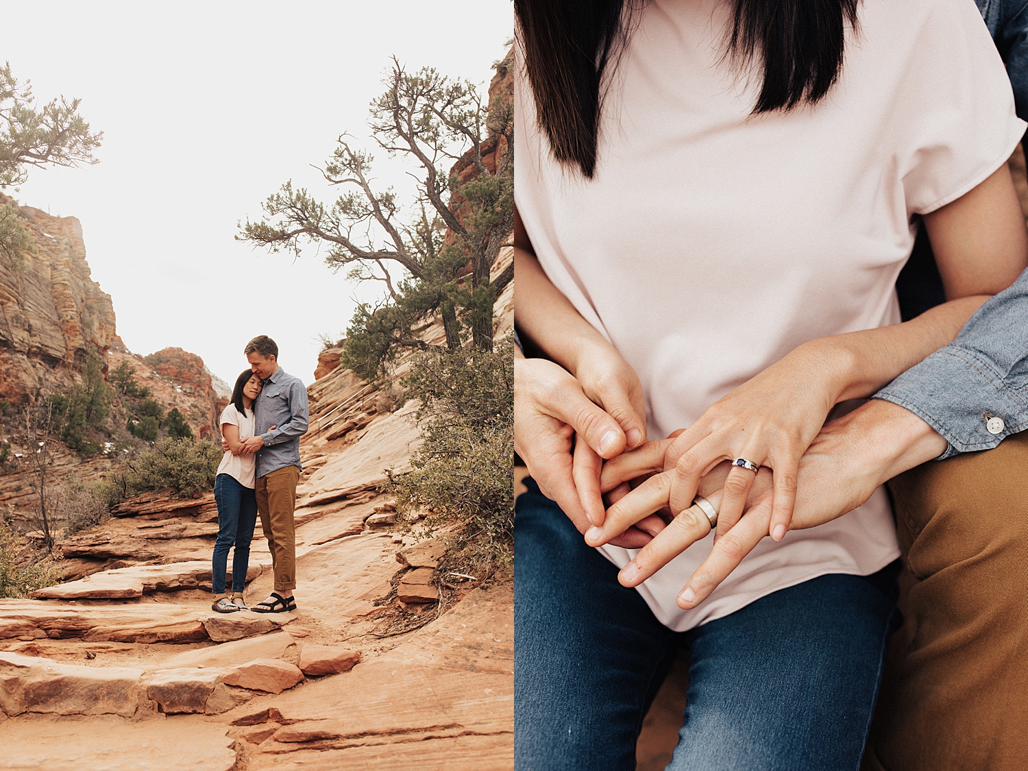 couple stands together on red rock for engagement session at Zion National Park