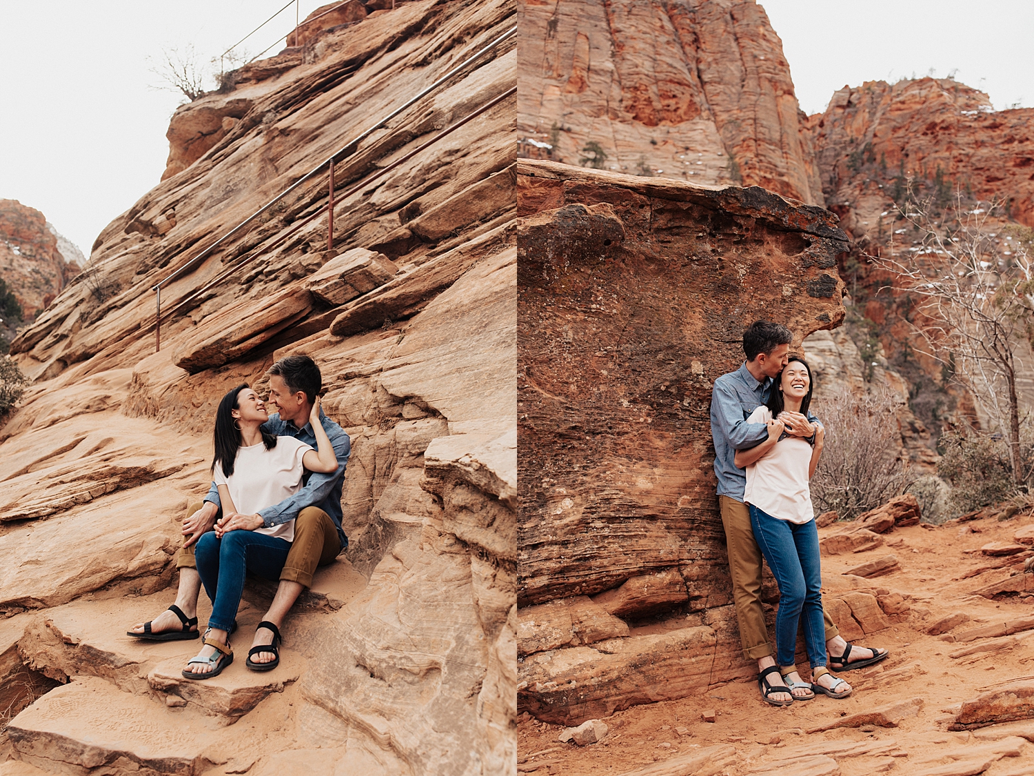 couple in casual wear sit on red rocks by Destination wedding photographer