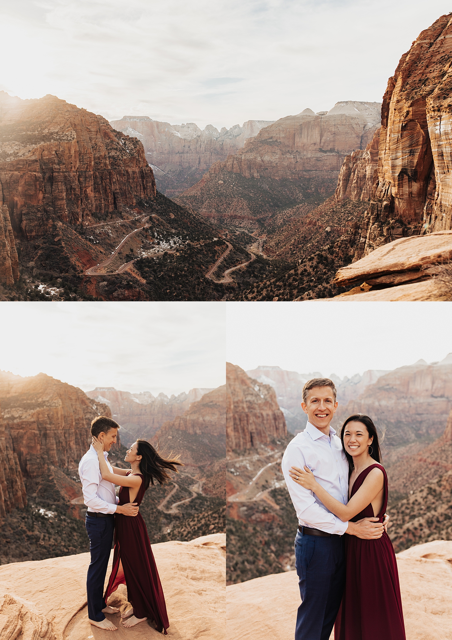 man and woman stand on cliff overlook at Zion National Park