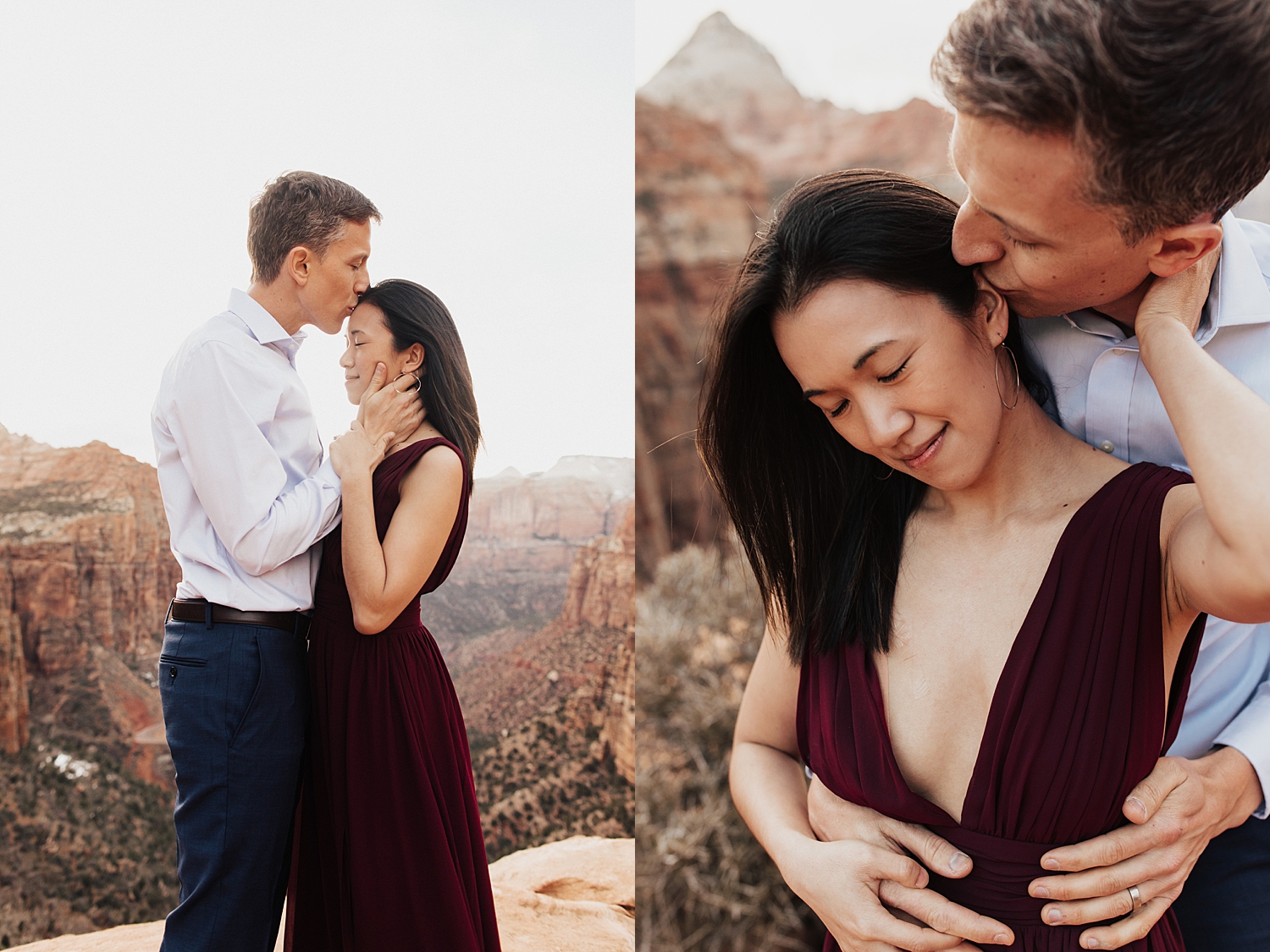 fiance leans down to kiss woman's forehead at Zion National Park