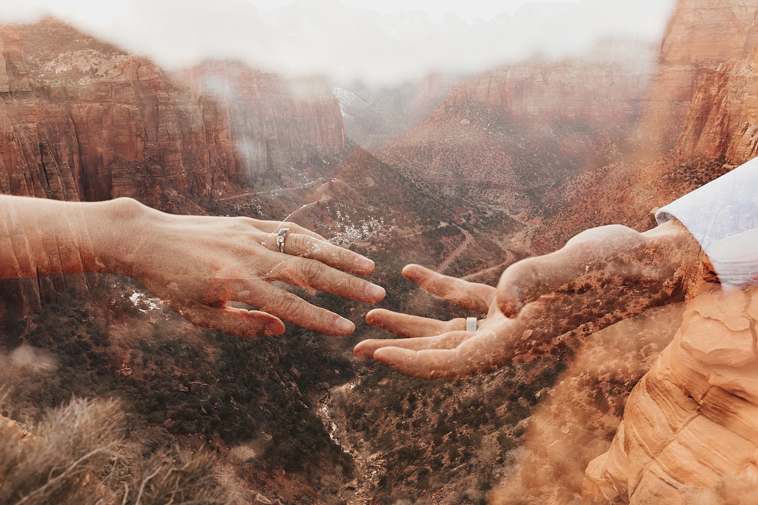 two people hold thier hands out showing off engagement rings by Destination wedding photographer