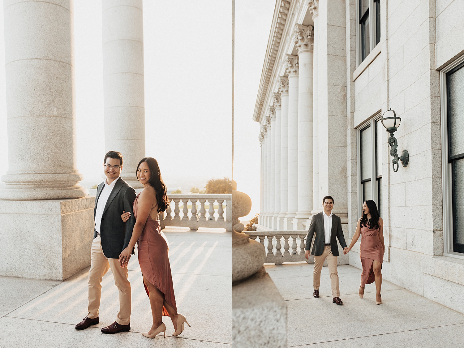 two people walk on balcony during golden hour for Capitol Building engagement session