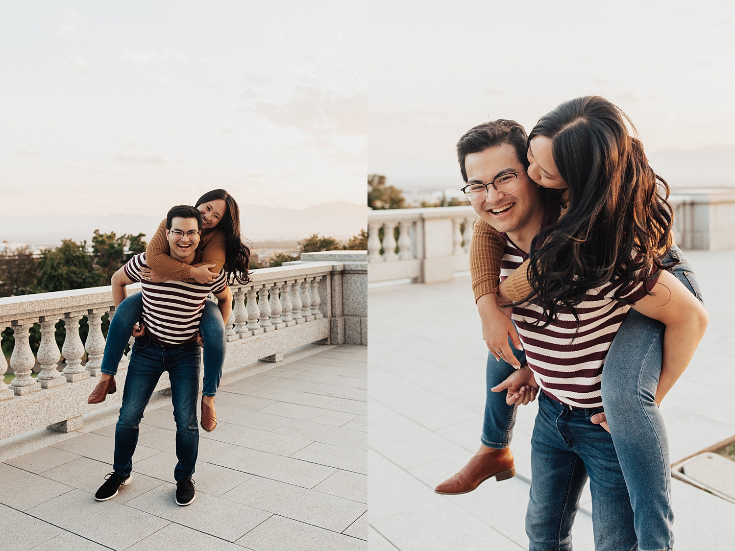 woman on man's back laughing on balcony for Capitol Building engagement session