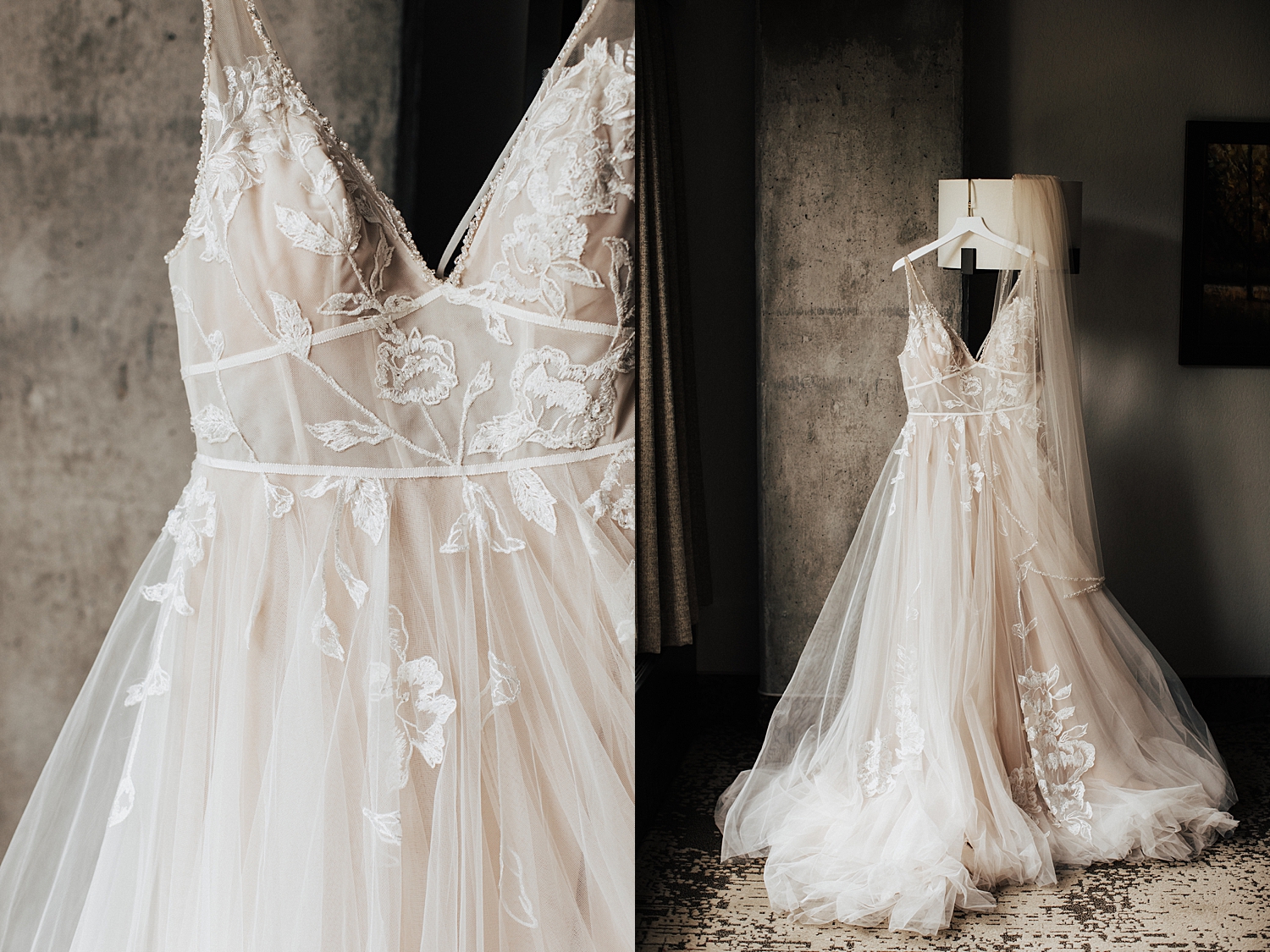 long white bridal gown hangs in getting ready space by Nicole Aston Photography