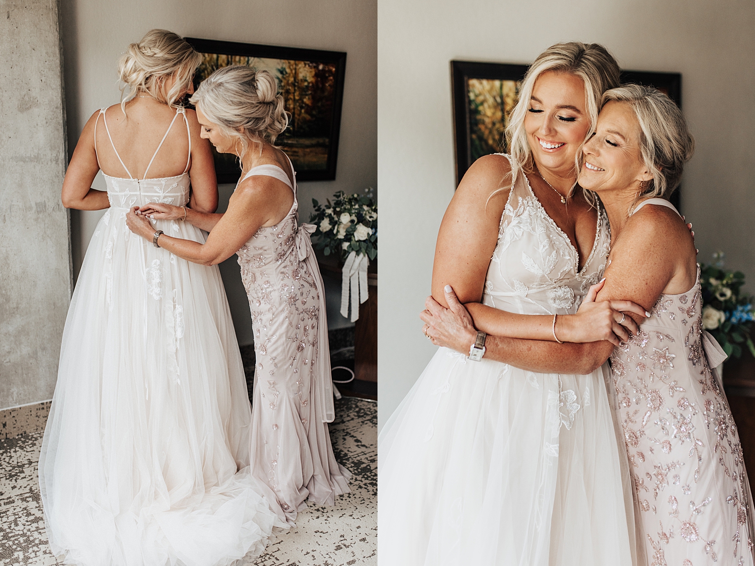 blonde bride slips into gown with the help of her mom by Destination wedding photographer
