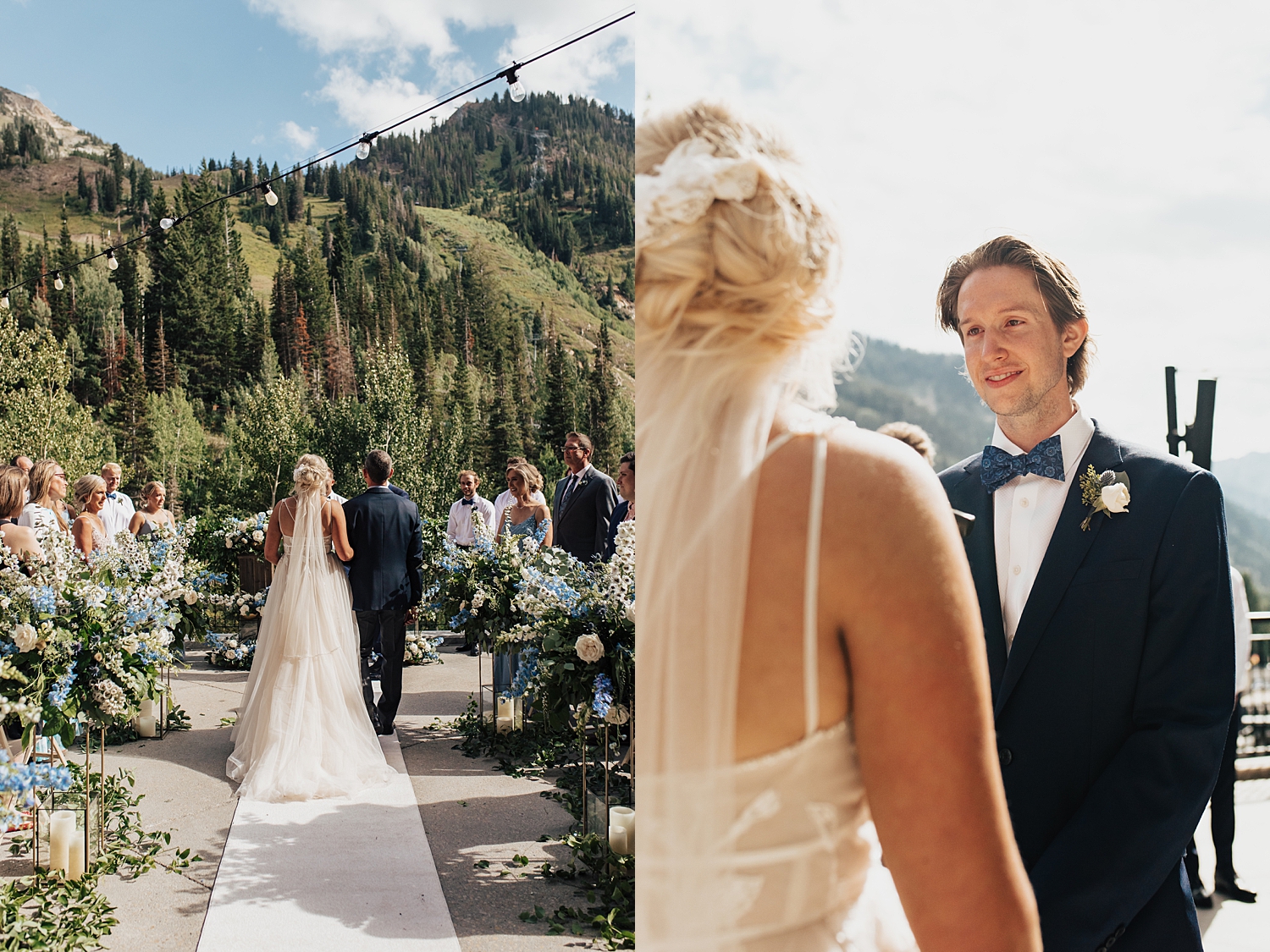 bride walks down the aisle for outdoor ceremony at Snowbird Mountain