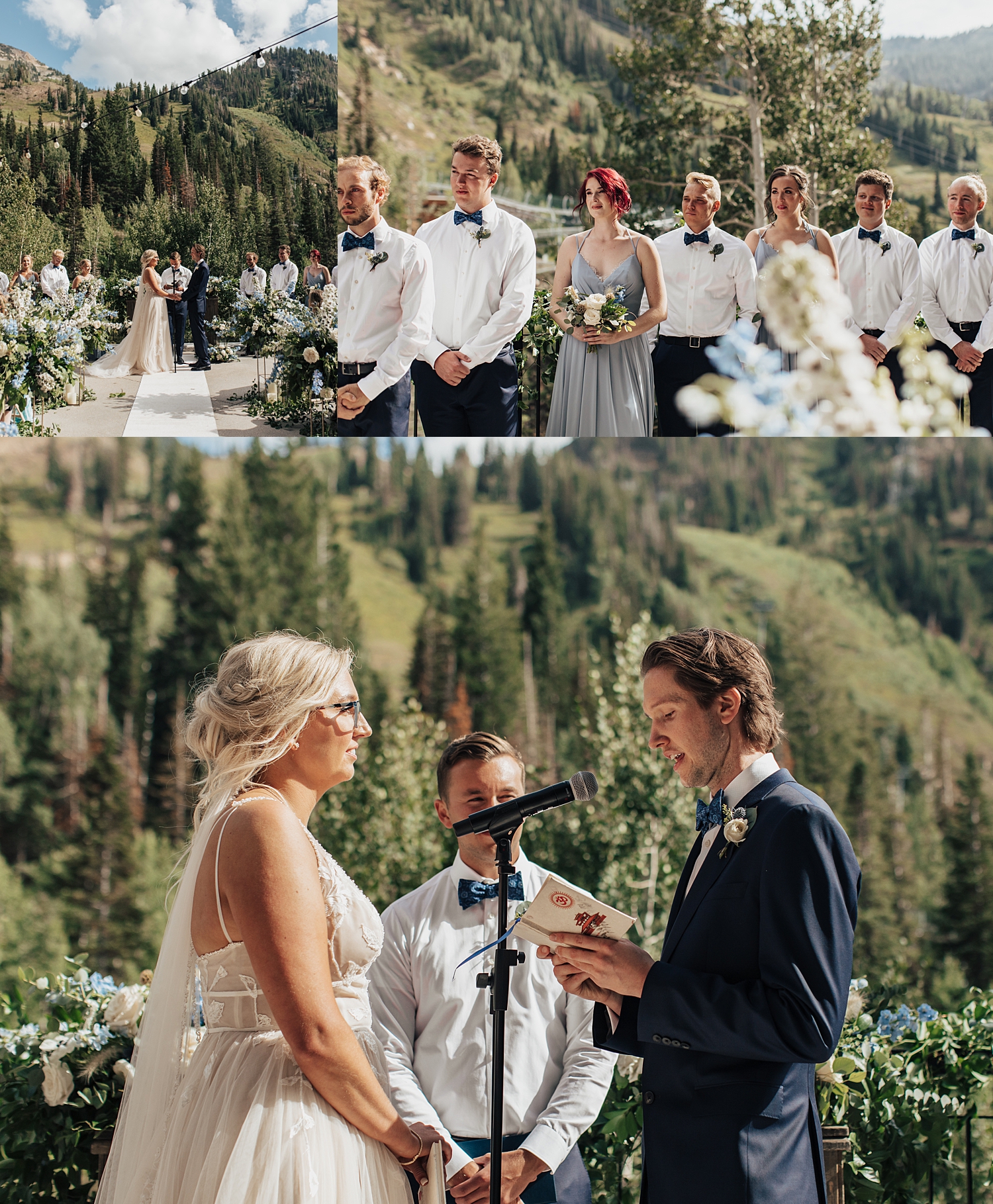 bridea nd groom read their vows with epic backdrop behind them by Destination wedding photographer