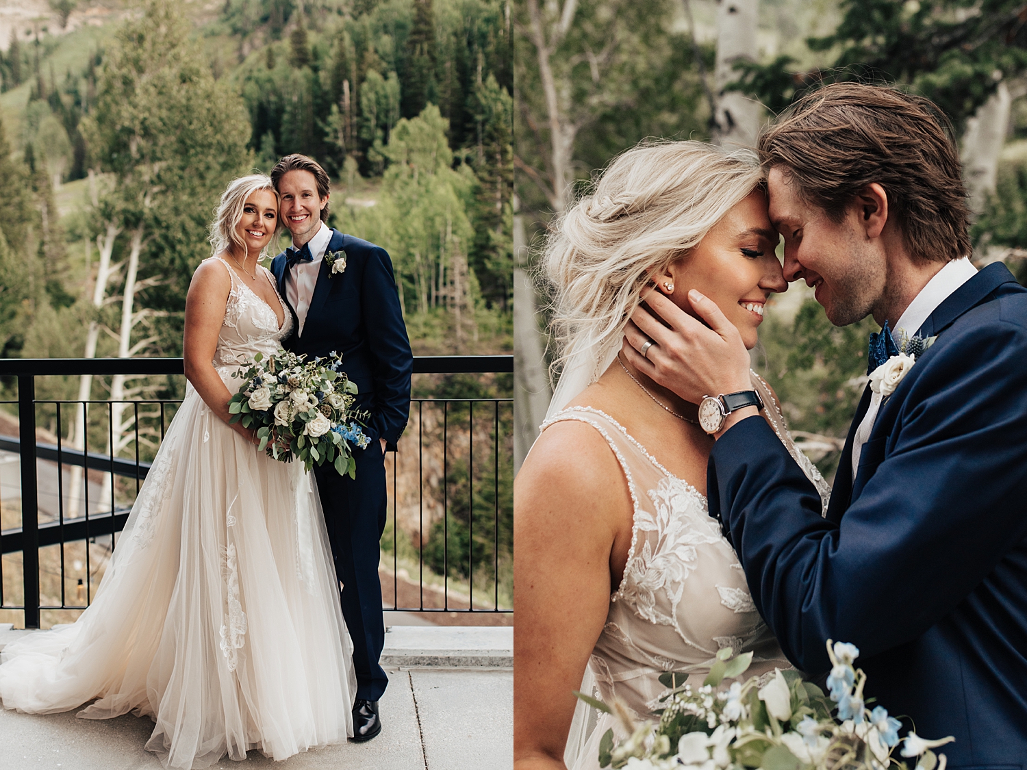 man leans in to kiss his new wife's forehead by Destination wedding photographer