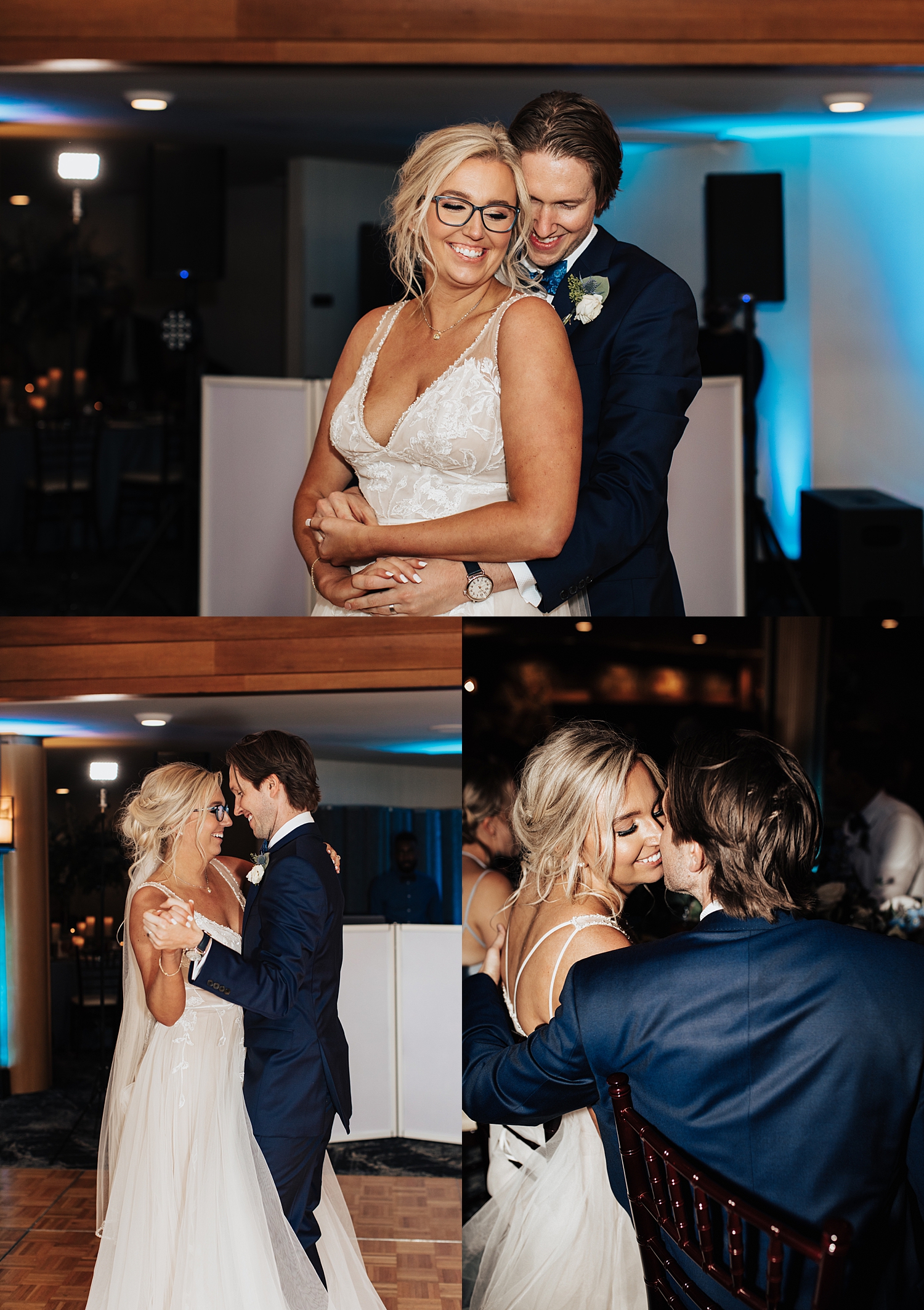 newly married couple dance under warm reception lights by Nicole Aston Photography