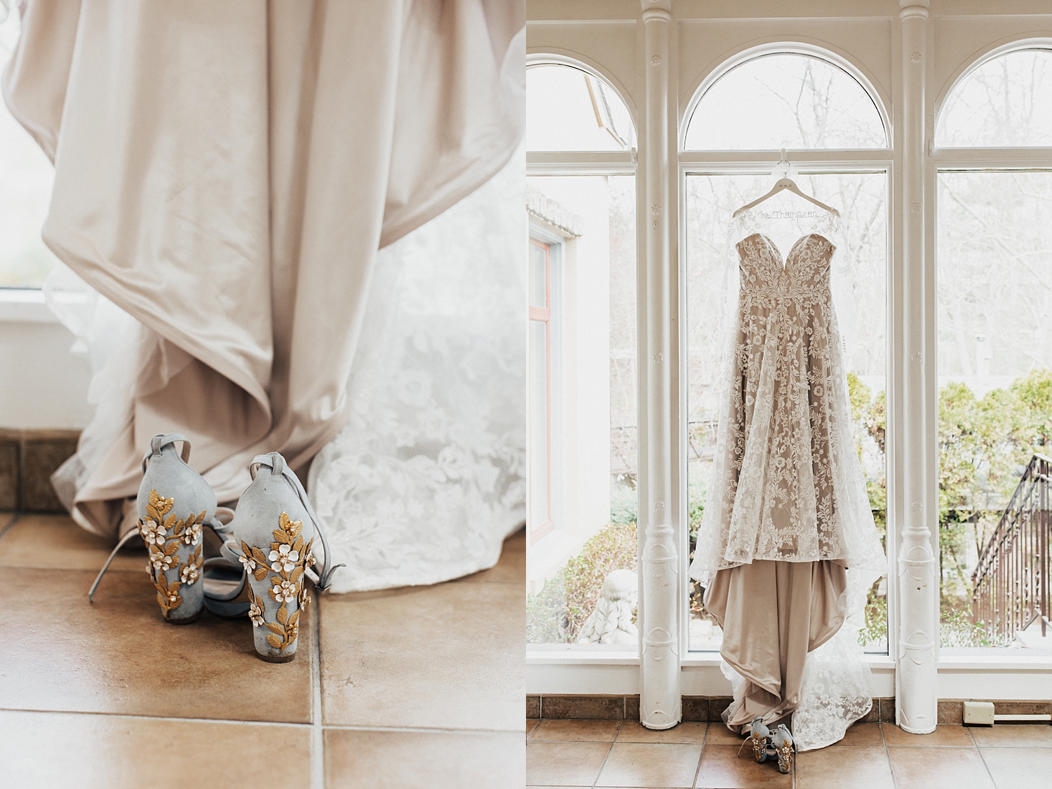 gorgeous bridal gown hanging up on window at Pomme Radnor