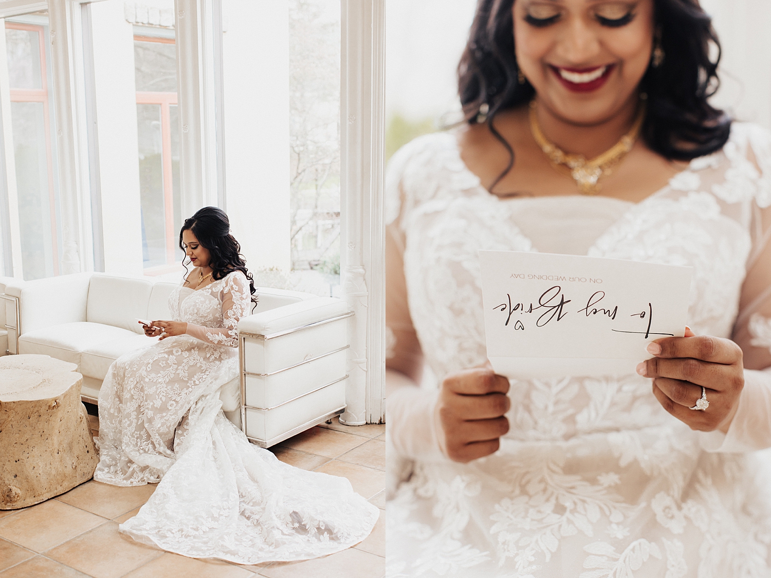bride reads private note before first look by Nicole Aston photography