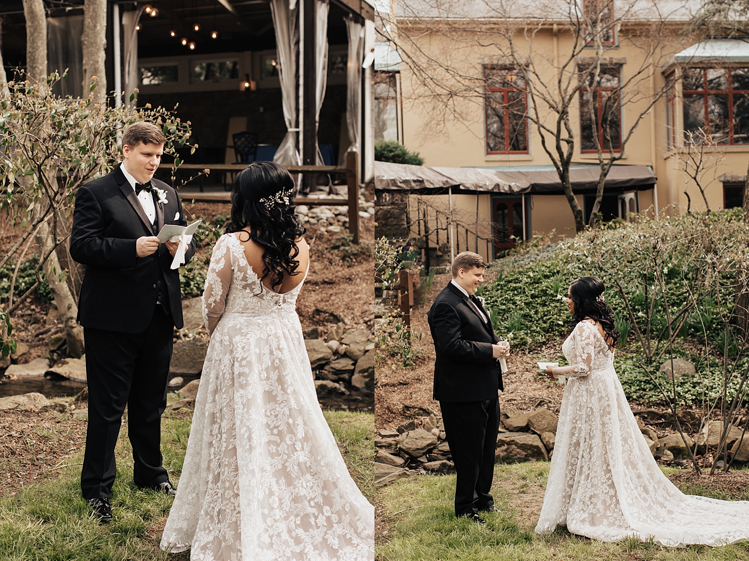 bride and groom exchange private notes during first look by Nicole Aston photography