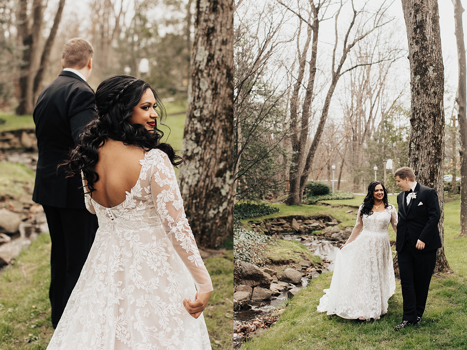 bride in long lace dress by creek by Nicole Aston photography
