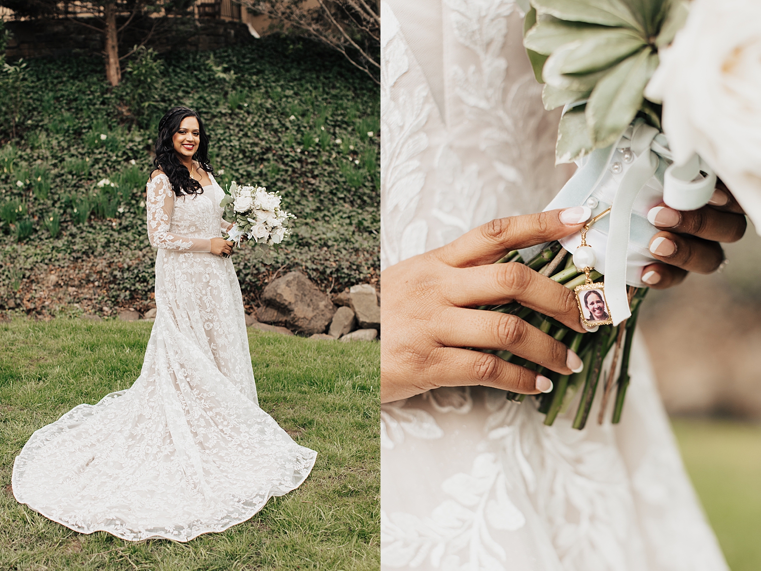 bride holds her flowers in the lawn by Destination wedding photographer