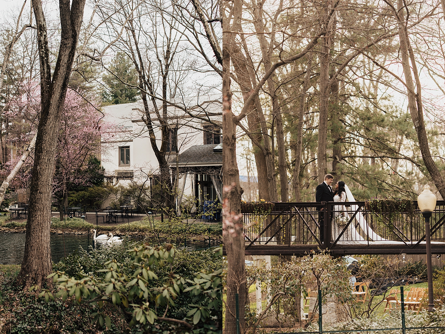 man and woman stand on bridge after getting married by Destination wedding photographer