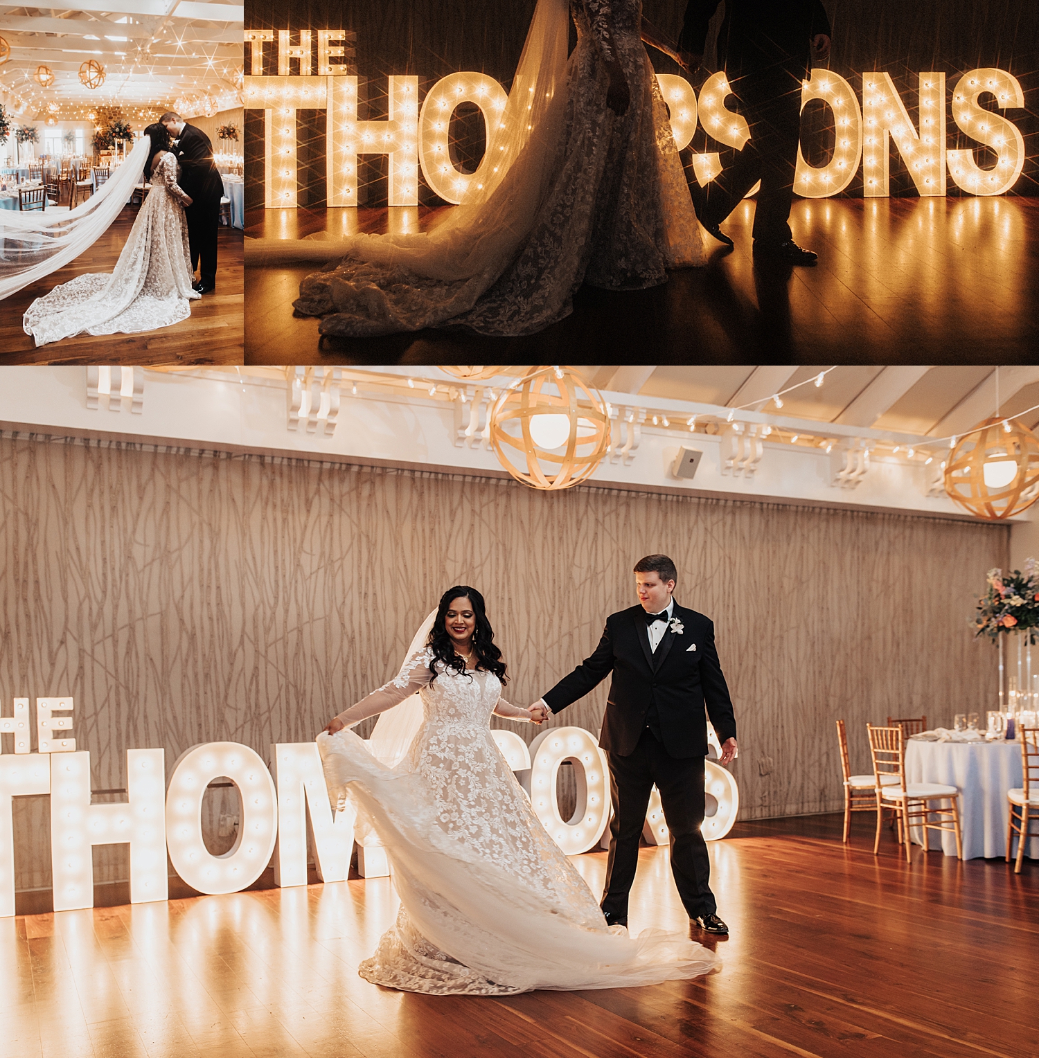 bride and groom enter reception in front of marquee letters by Nicole Aston photography