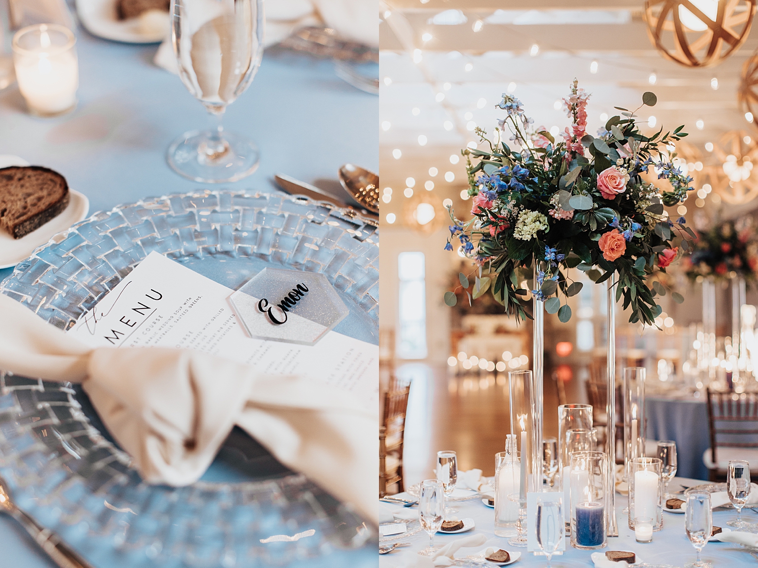gold and crystal details on reception table at Pomme Radnor