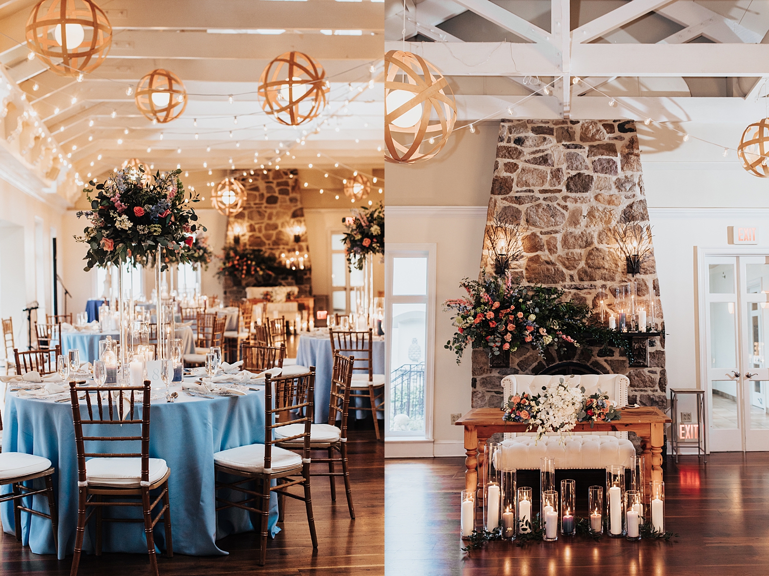 reception space set up around cozy fire place at Pomme Radnor