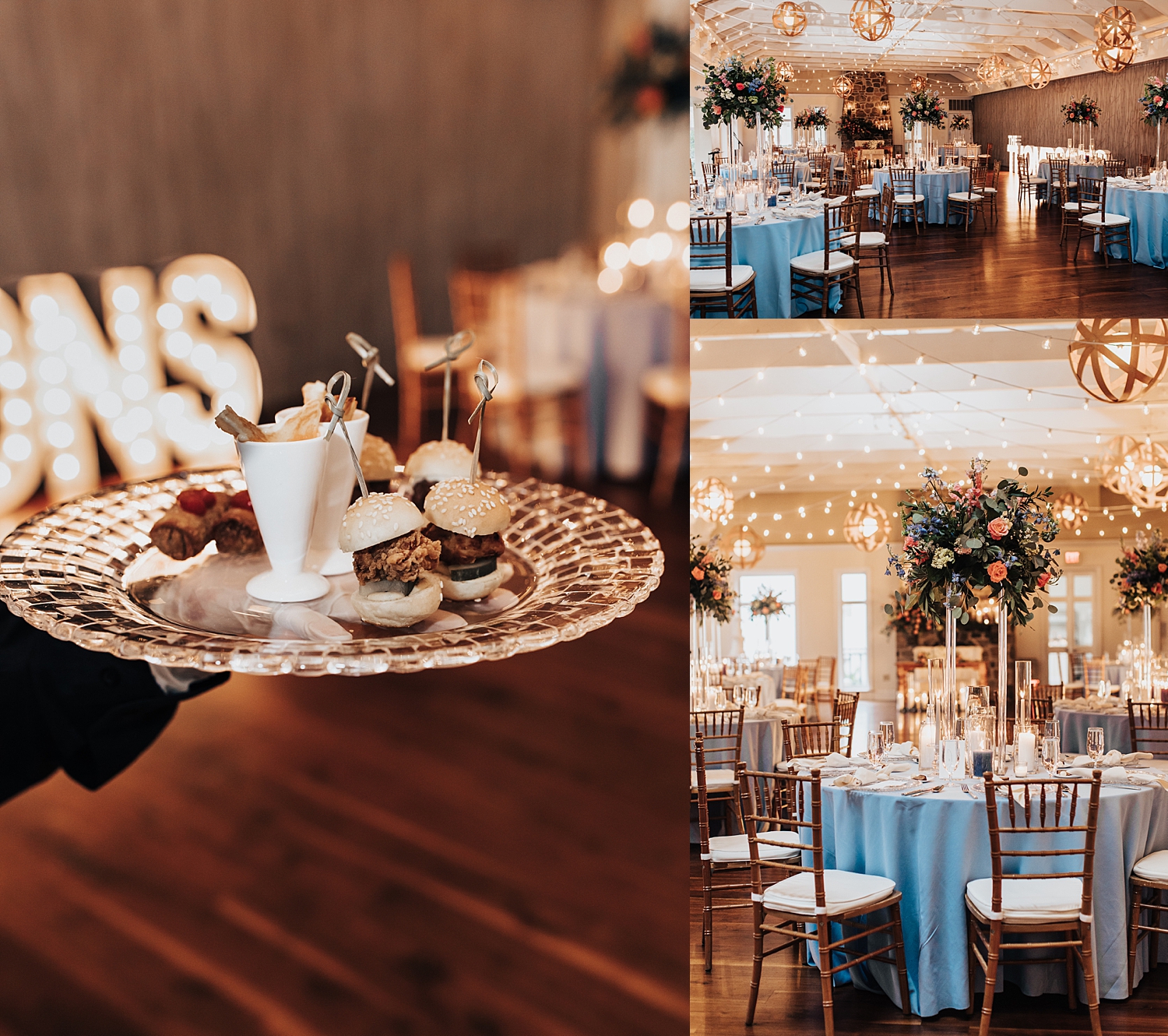 little food on plates at reception with blue, gold and crystal details by Destination wedding photographer