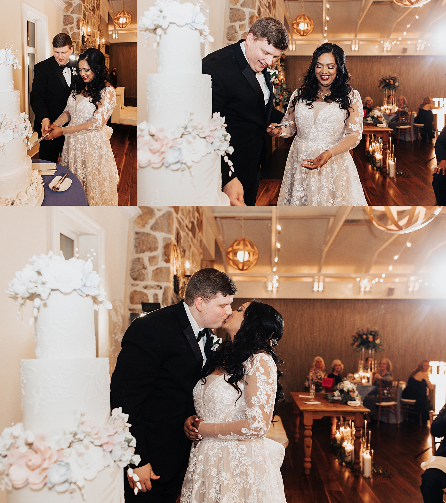 bride and groom cut cake at indoor reception by Nicole Aston photography