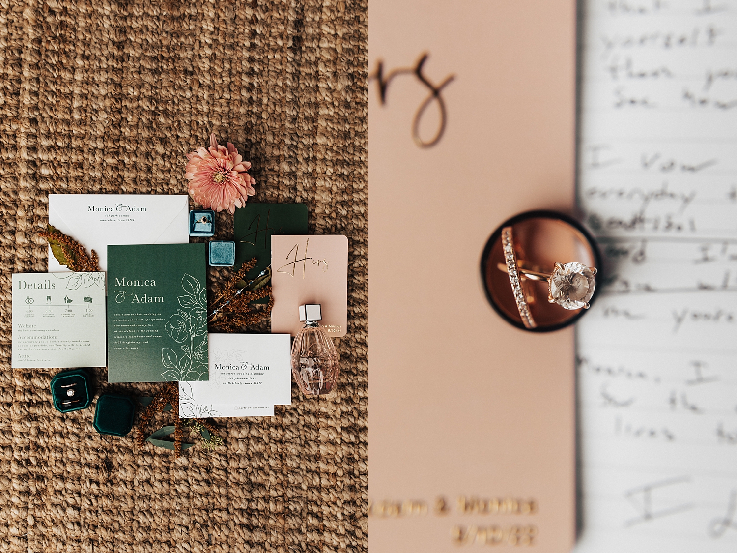 invitation laid out on backdrop for Iowa wedding weekend