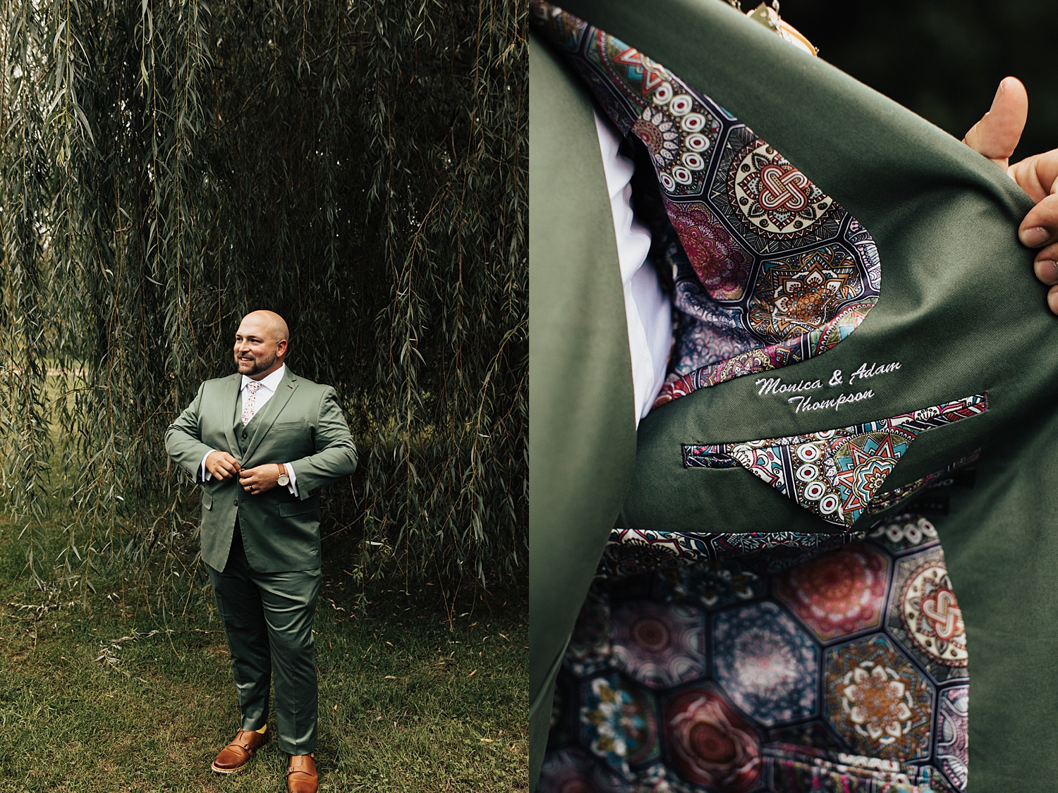 groom shows off custom detail on green suit by Nicole Aston Photography