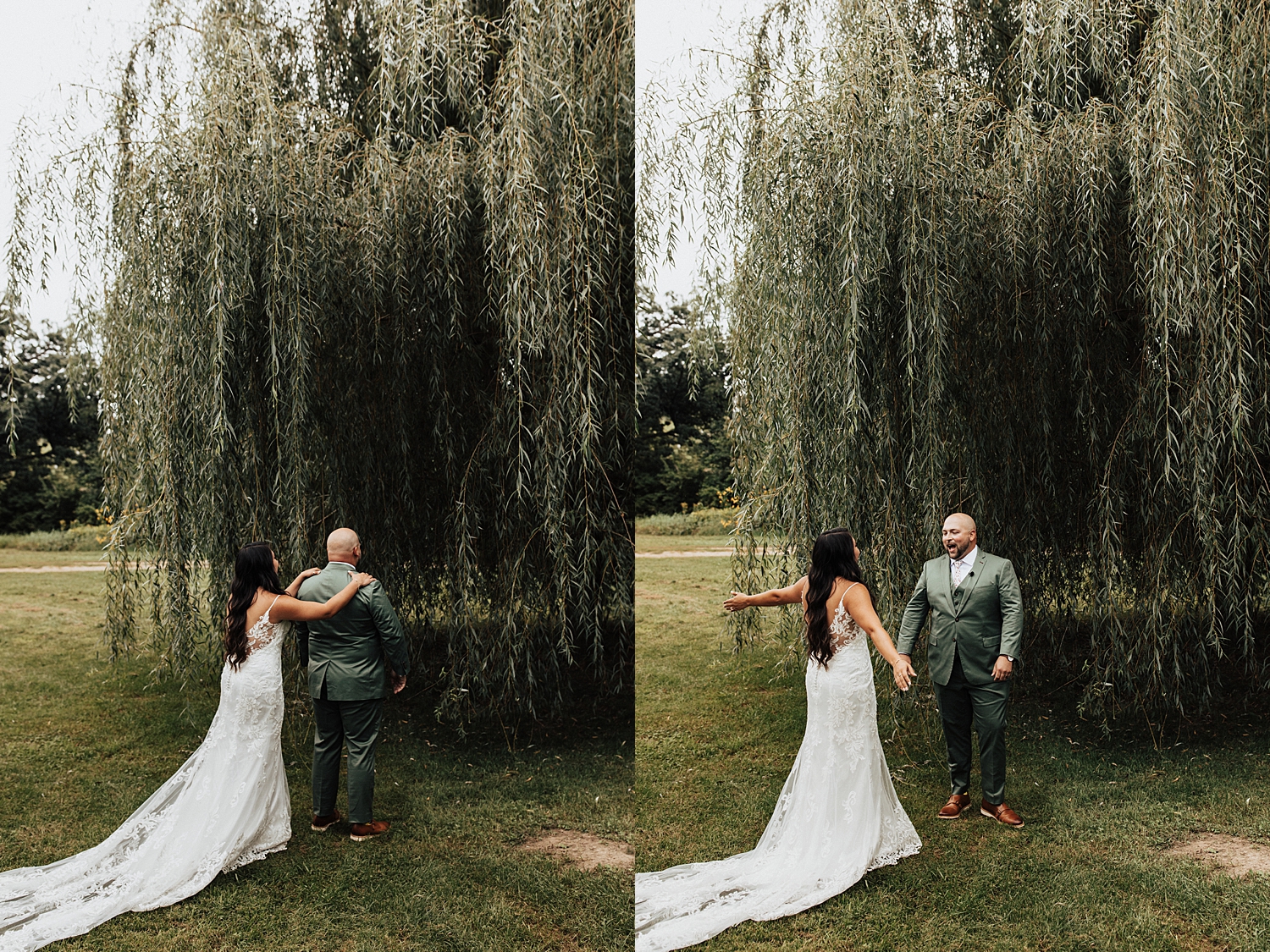bride approaches groom for first look under willow for Iowa wedding weekend