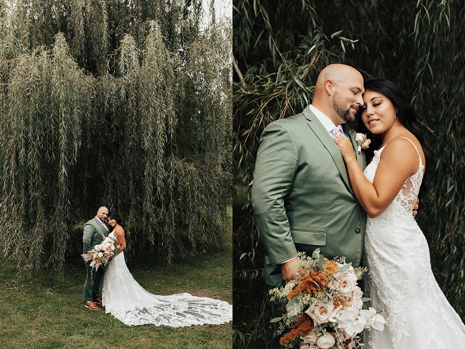 bride and groom stand under big willow tree by Nicole Aston Photography