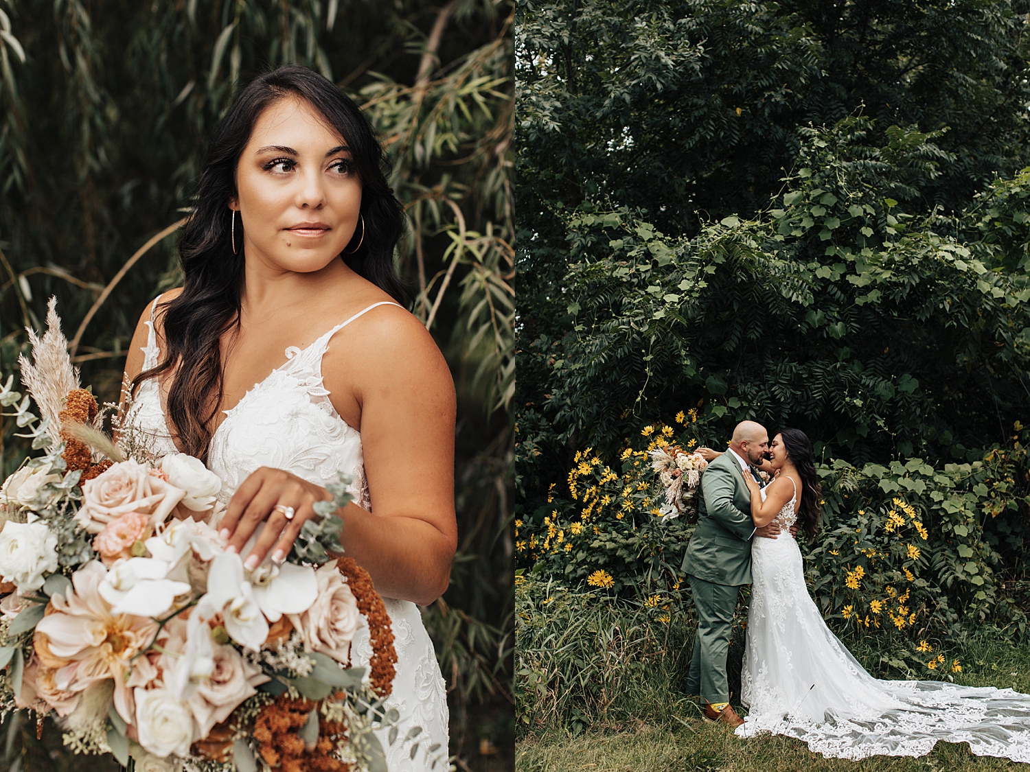 brunette bride stands next to wildflower with her groom for Iowa wedding weekend