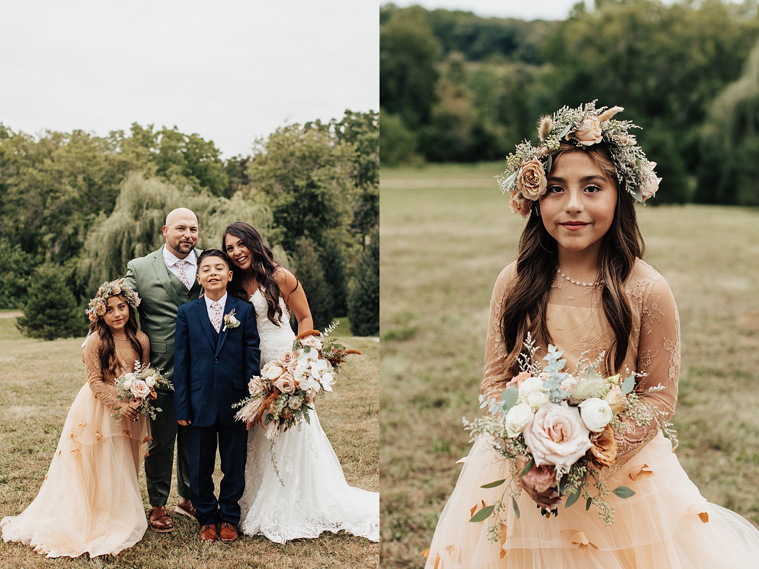 bride stands with her family and flower girl in field by Nicole Aston Photography