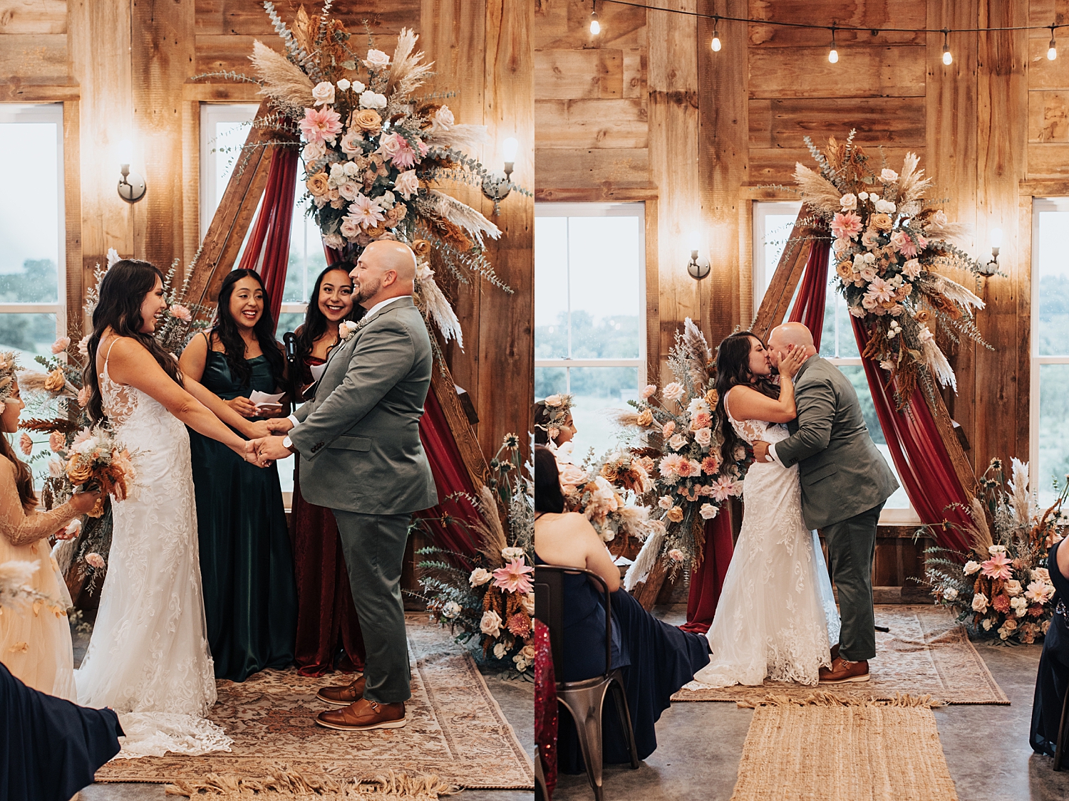 couple kisses at arch for ceremony during Iowa wedding weekend