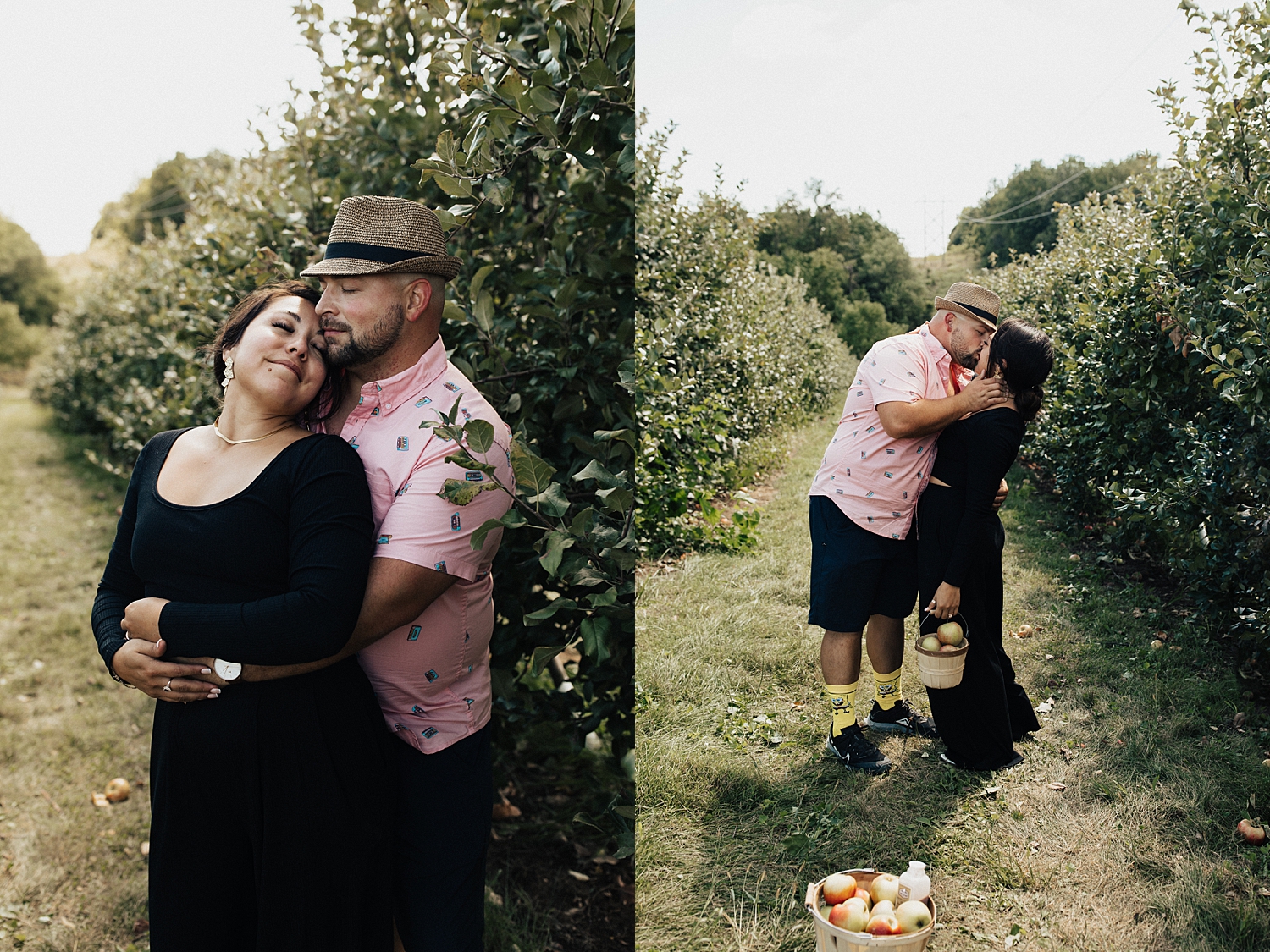 newlyweds kiss in apple orchard by Destination elopement photographer