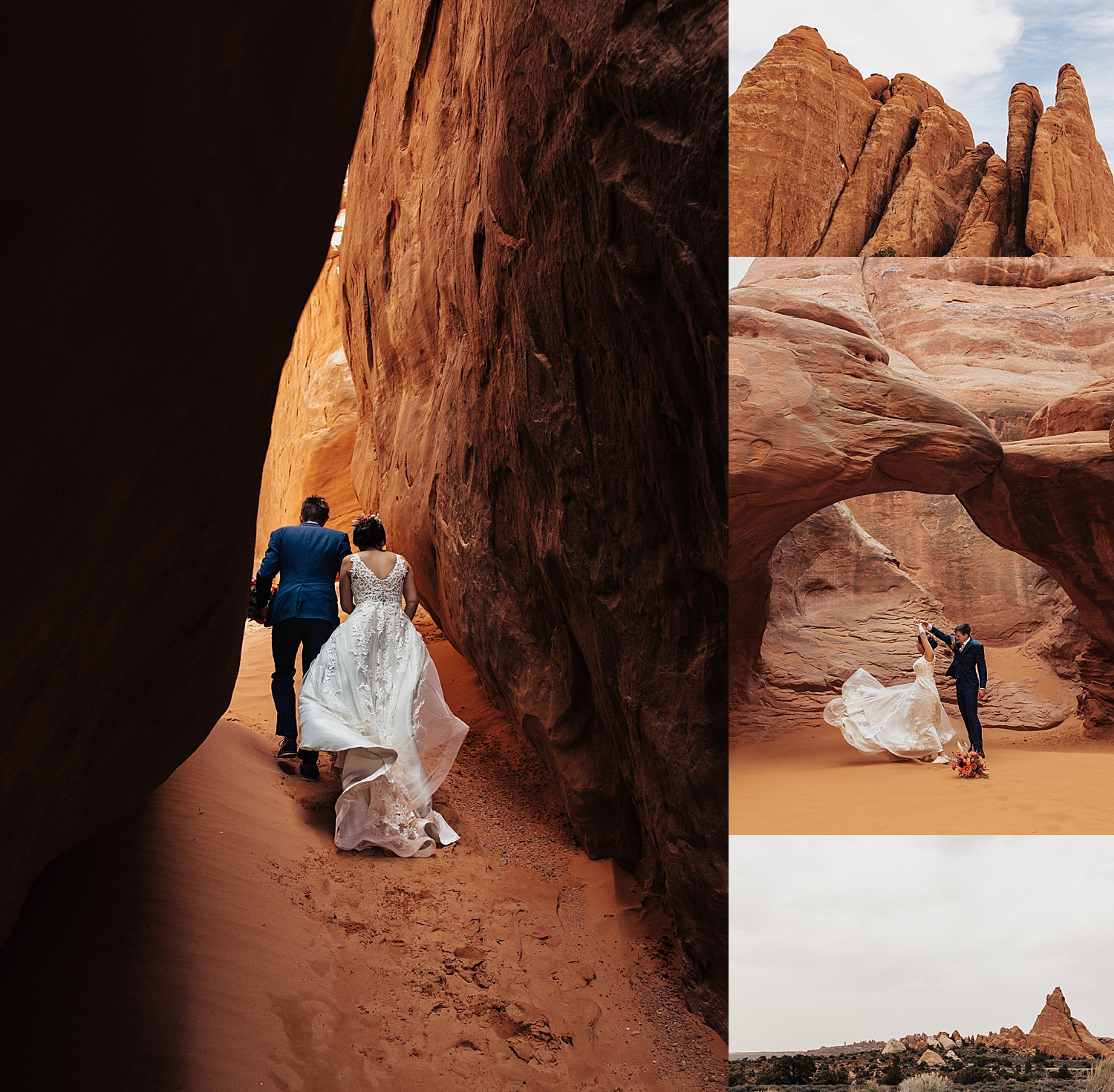 hsuband and wife walk up the arches in moab by Destination wedding photographer