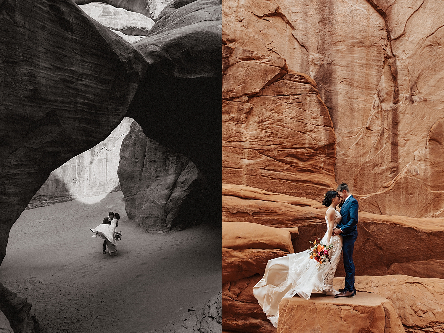 newlyweds stand in gusting wind in moab by Destination wedding photographer