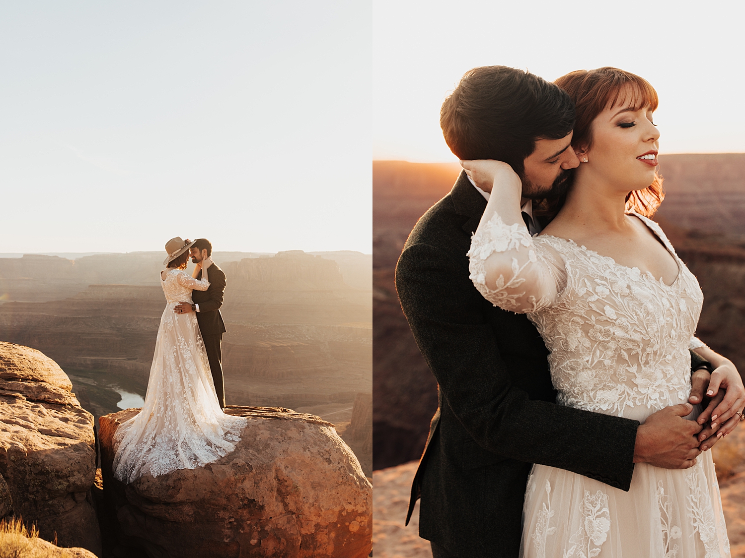 man and woman stand on edge of cliff overlooking canyons by Nicole Aston Photography