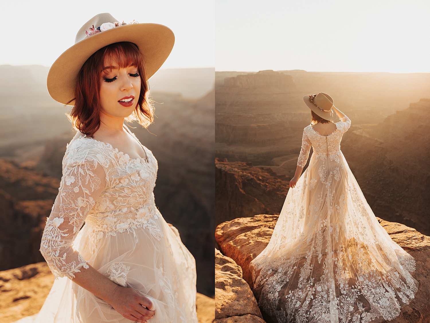 redhead bride with hat overlooks canyons by Nicole Aston Photography