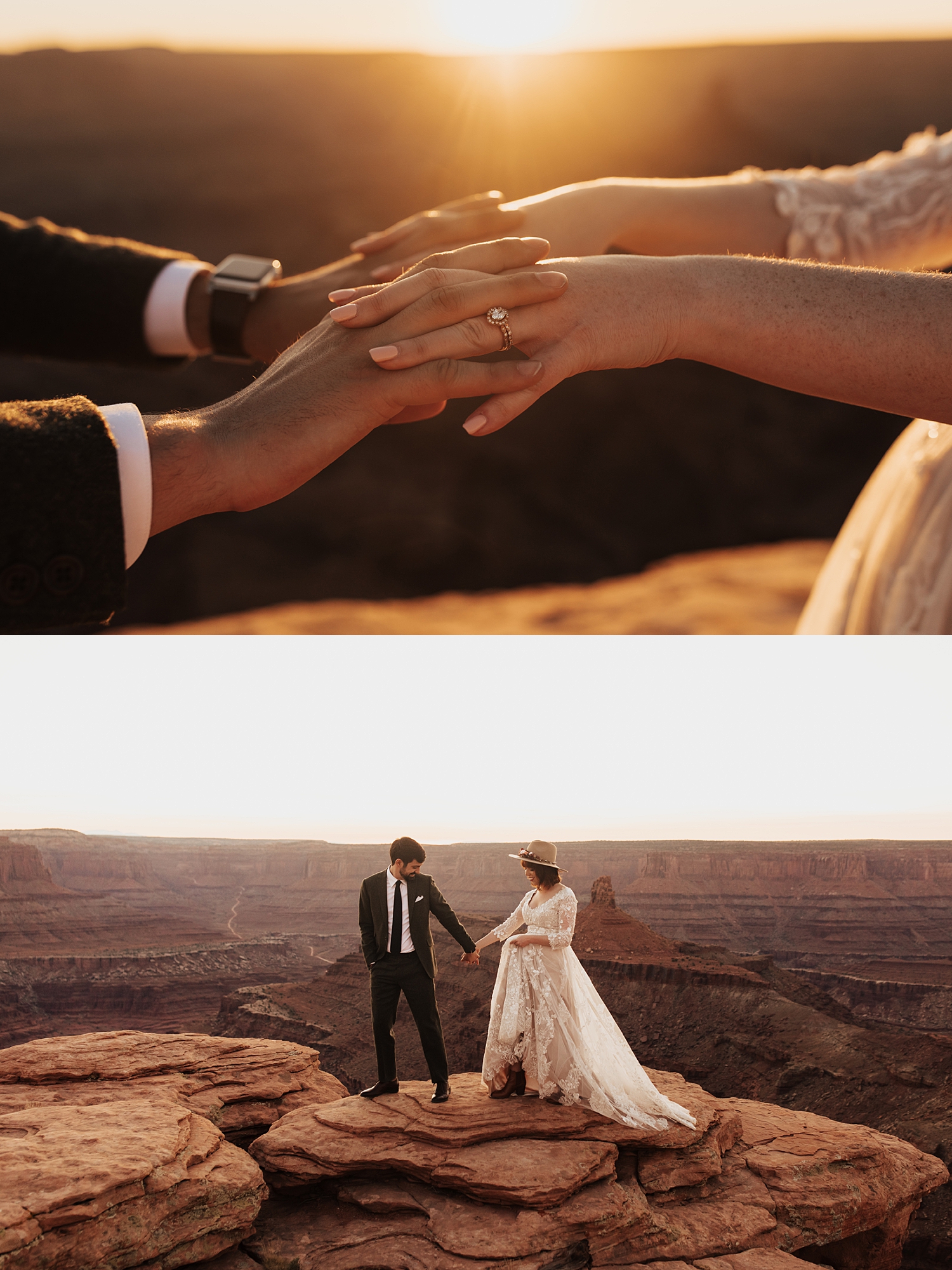 couple holds hand in the golden light at Dead Horse Point for Full Moon Bridal Session