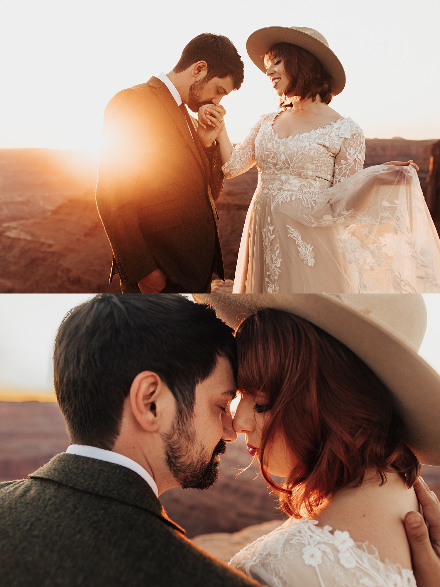 man kisses his new wife's hand under golden hour lighting by Destination wedding photographer